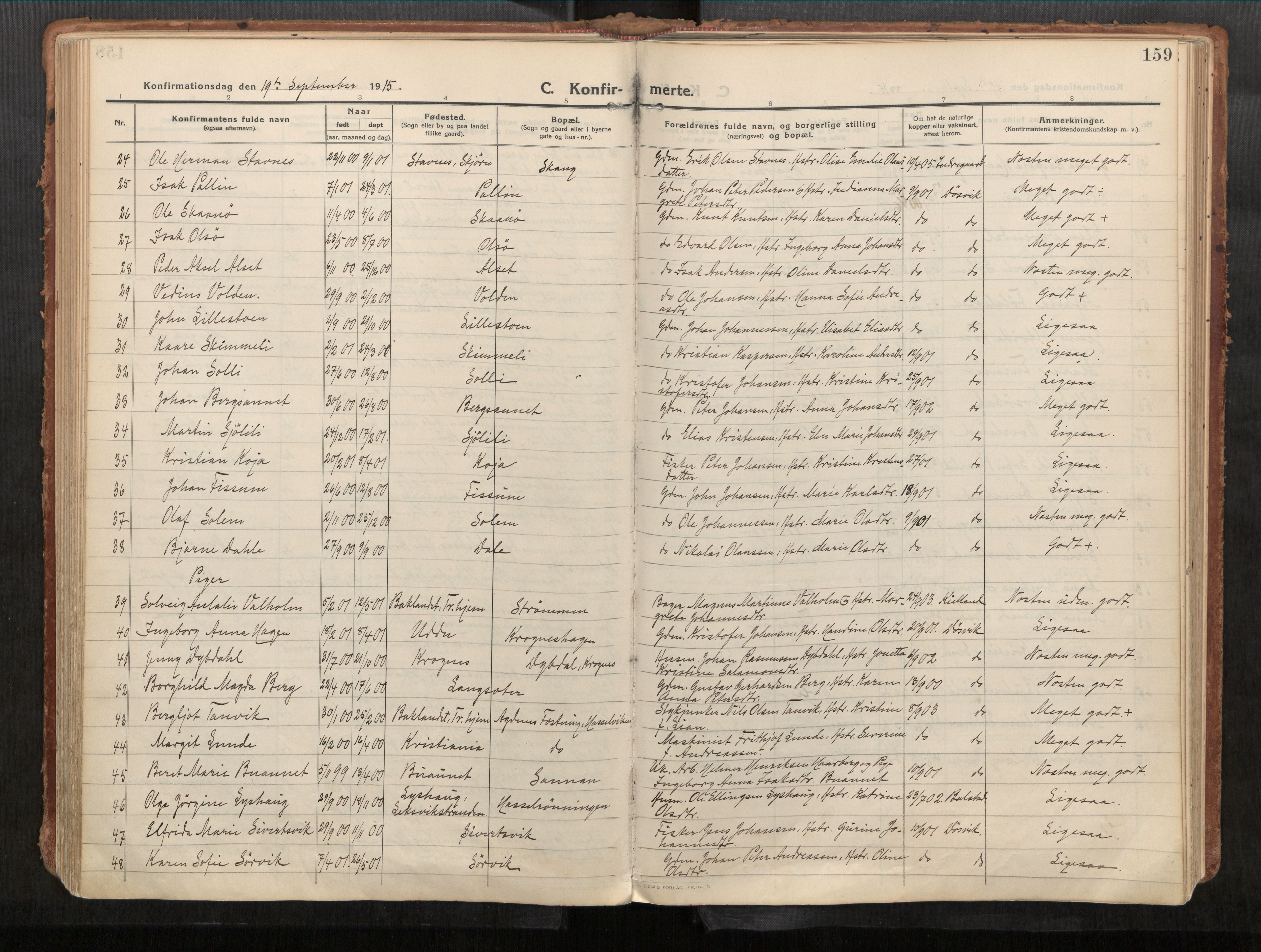 Stadsbygd sokneprestkontor, AV/SAT-A-1117/1/I/I1/I1a/L0001: Parish register (official) no. 1, 1911-1929, p. 159