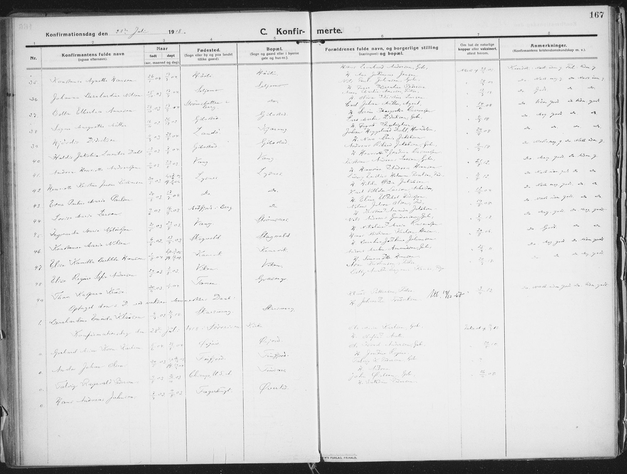 Lenvik sokneprestembete, AV/SATØ-S-1310/H/Ha/Haa/L0016kirke: Parish register (official) no. 16, 1910-1924, p. 167