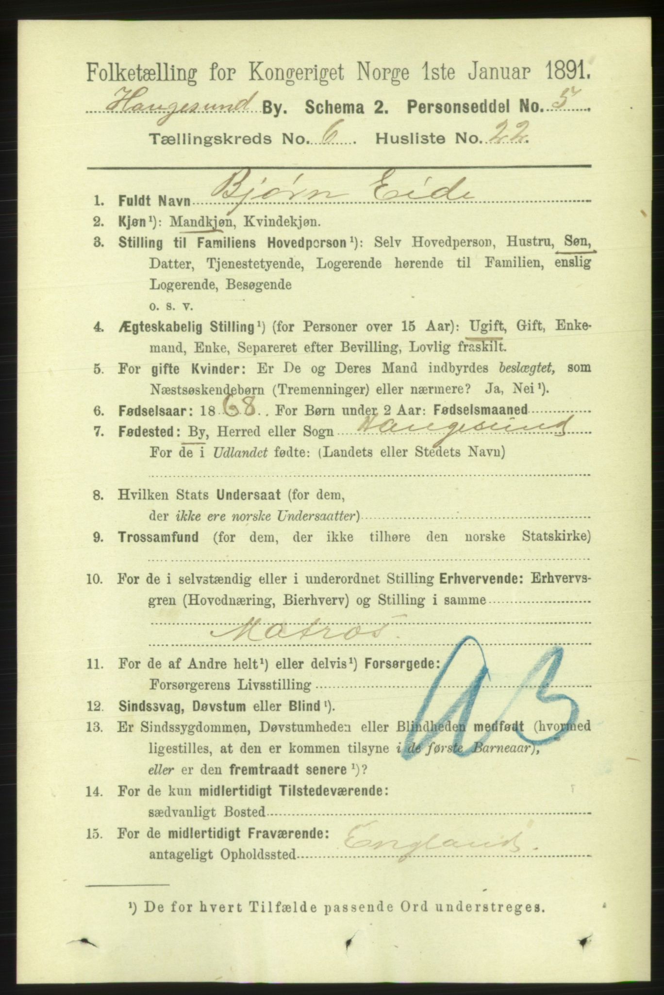 RA, 1891 census for 1106 Haugesund, 1891, p. 2808