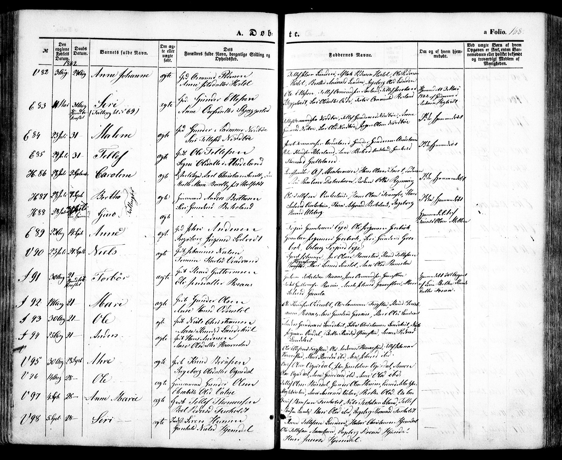 Evje sokneprestkontor, AV/SAK-1111-0008/F/Fa/Faa/L0005: Parish register (official) no. A 5, 1843-1865, p. 168