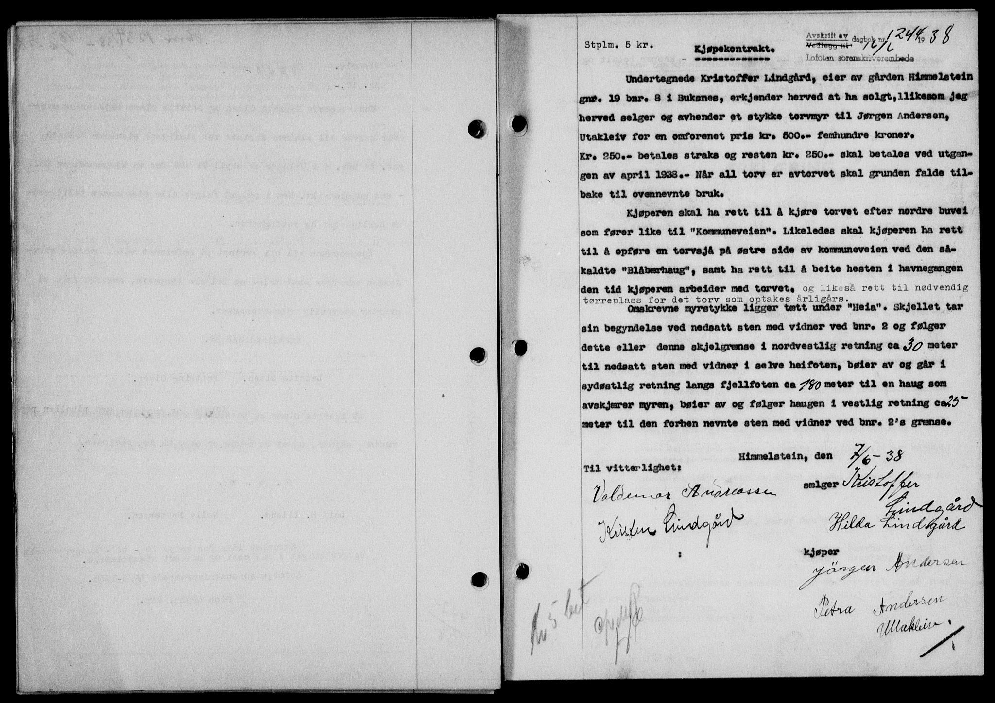 Lofoten sorenskriveri, SAT/A-0017/1/2/2C/L0004a: Mortgage book no. 4a, 1938-1938, Diary no: : 1244/1938
