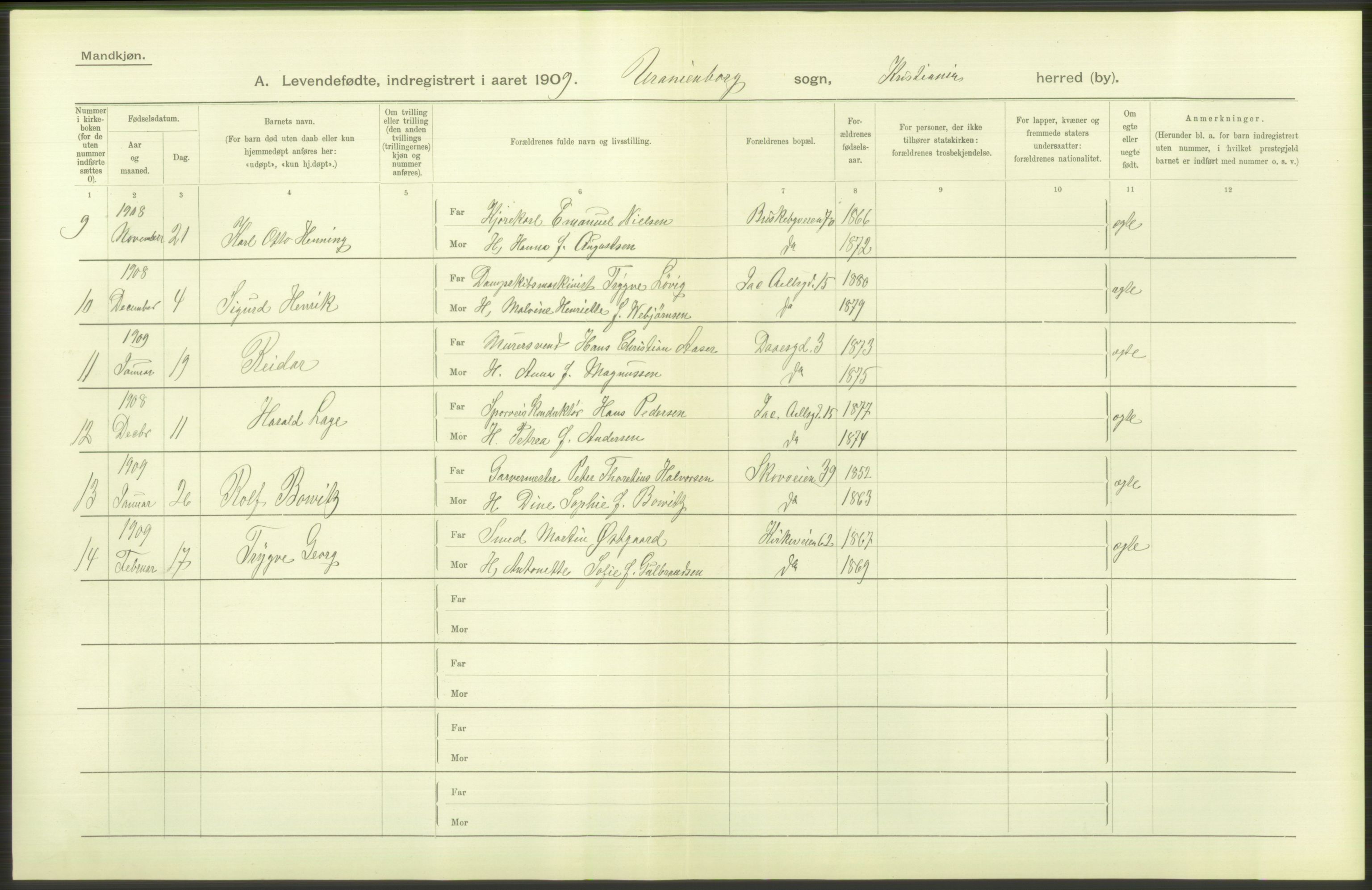 Statistisk sentralbyrå, Sosiodemografiske emner, Befolkning, RA/S-2228/D/Df/Dfa/Dfag/L0007: Kristiania: Levendefødte menn og kvinner., 1909, p. 54