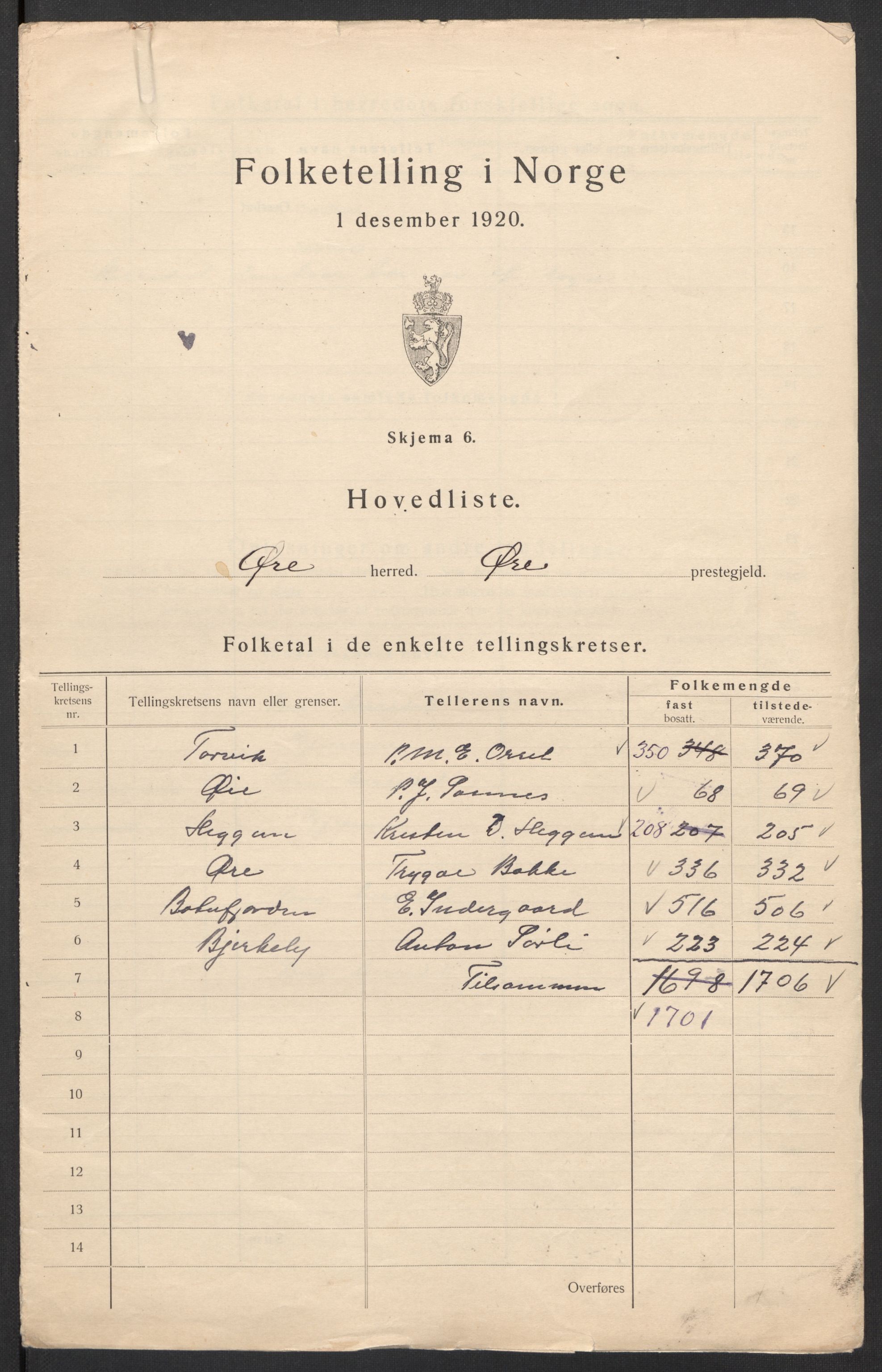 SAT, 1920 census for Øre, 1920, p. 4