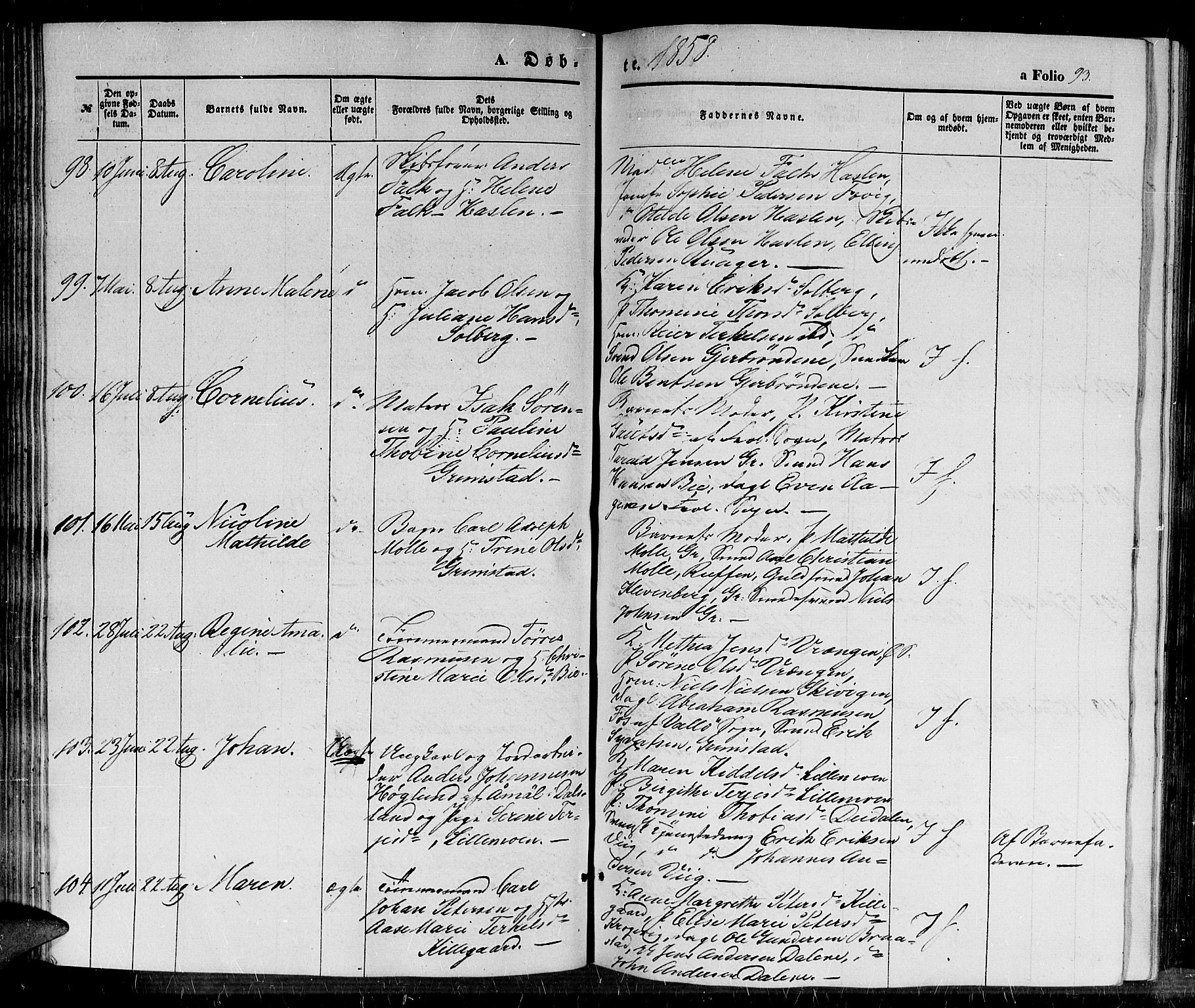 Fjære sokneprestkontor, AV/SAK-1111-0011/F/Fb/L0008: Parish register (copy) no. B 8, 1854-1867, p. 93