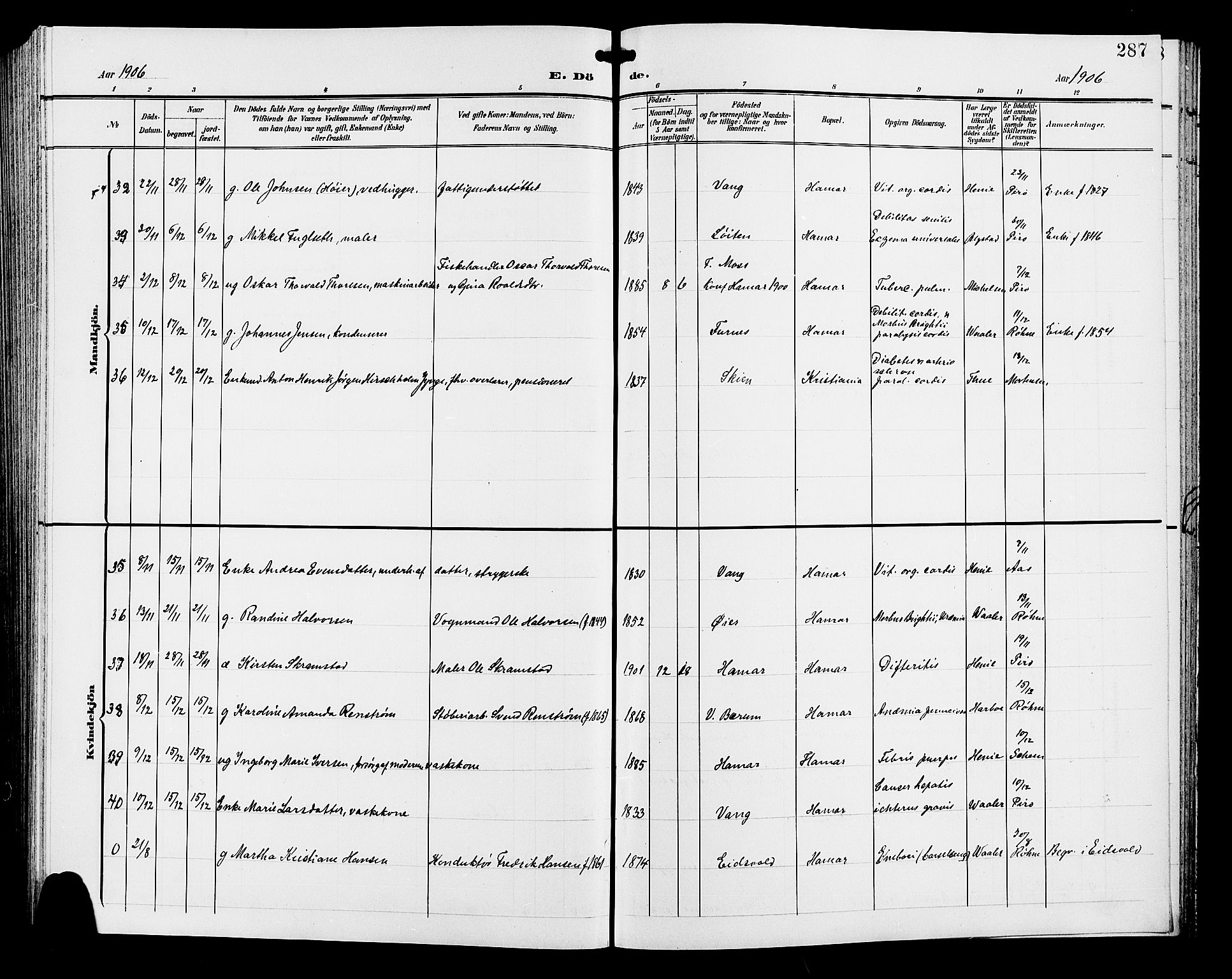 Hamar prestekontor, AV/SAH-DOMPH-002/H/Ha/Hab/L0001: Parish register (copy) no. 1, 1899-1914, p. 287