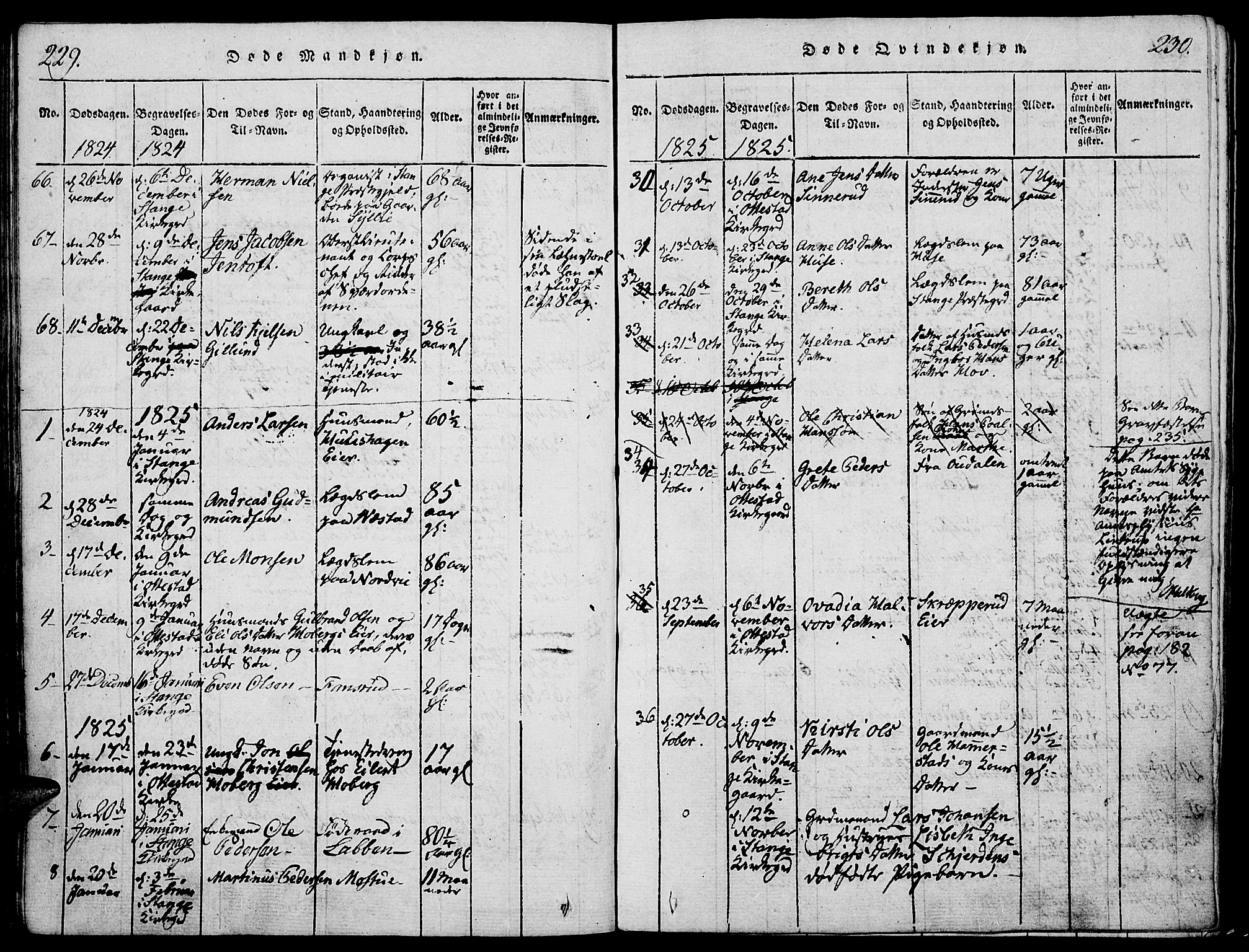 Stange prestekontor, AV/SAH-PREST-002/K/L0008: Parish register (official) no. 8, 1814-1825, p. 229-230