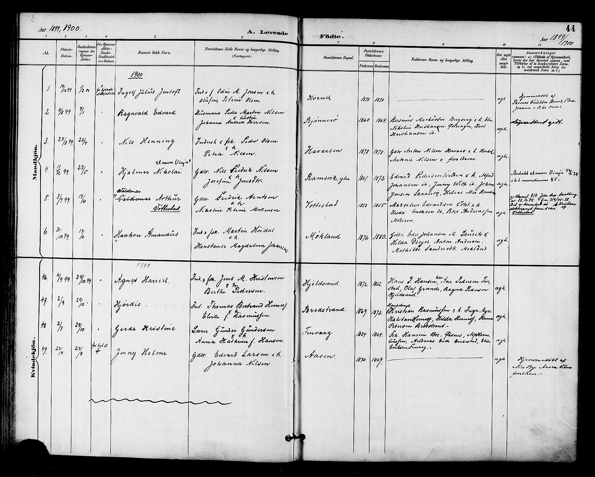 Ministerialprotokoller, klokkerbøker og fødselsregistre - Nordland, AV/SAT-A-1459/893/L1338: Parish register (official) no. 893A10, 1894-1903, p. 44