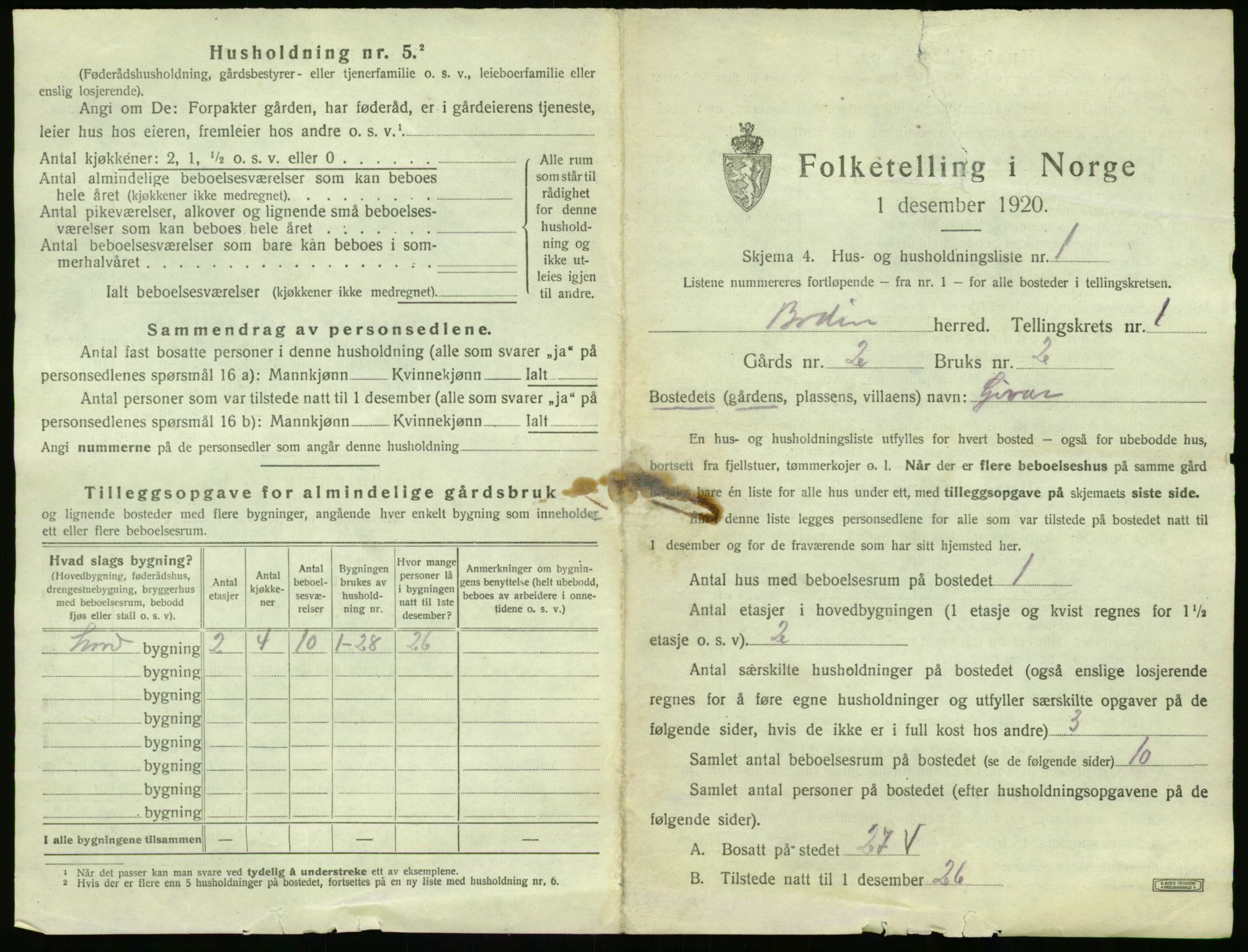 SAT, 1920 census for Bodin, 1920, p. 72