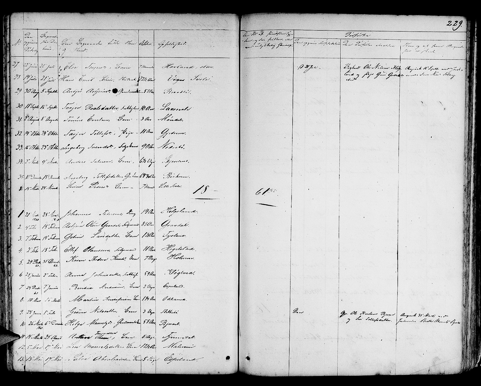 Helleland sokneprestkontor, AV/SAST-A-101810: Parish register (copy) no. B 3, 1847-1886, p. 229