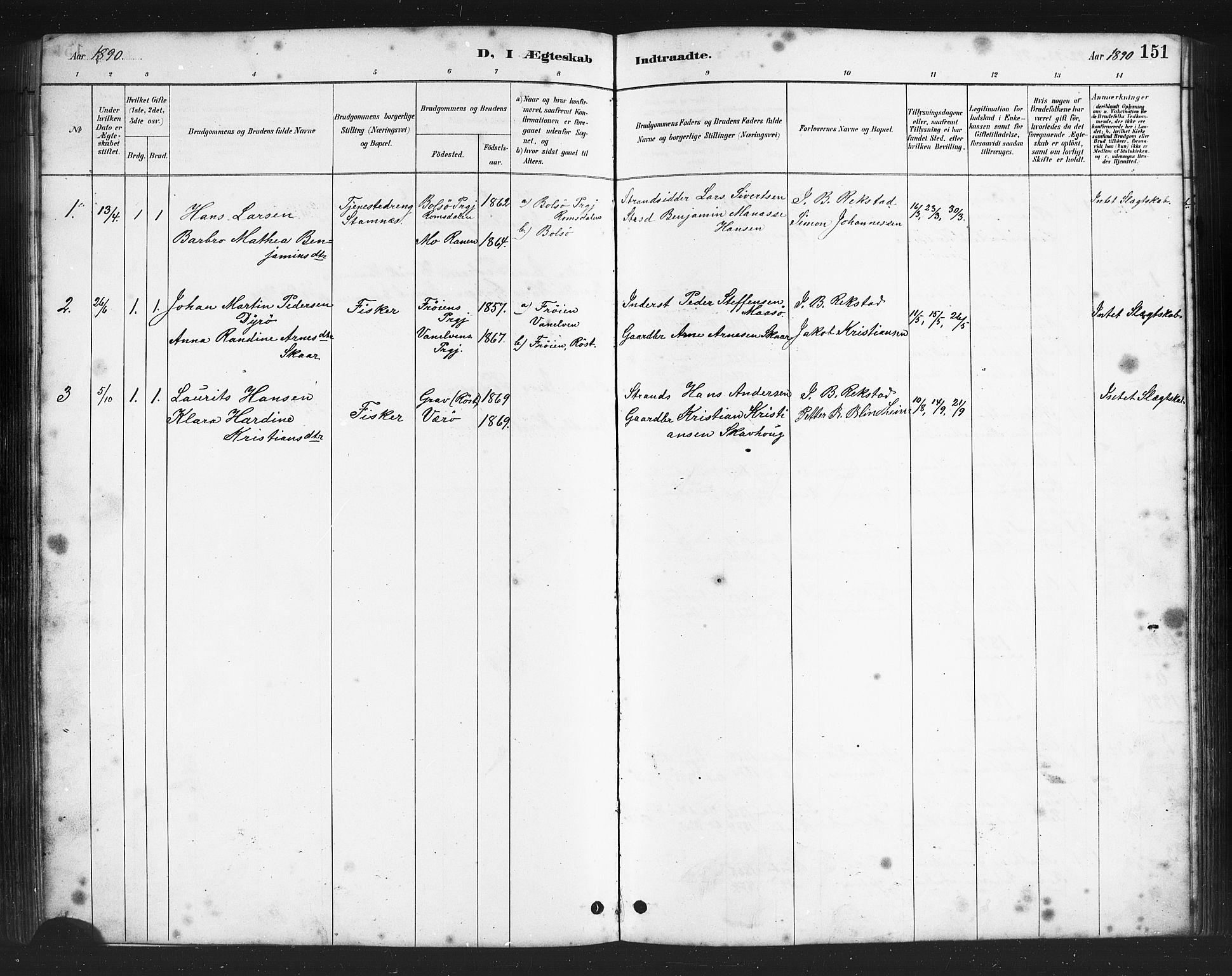 Ministerialprotokoller, klokkerbøker og fødselsregistre - Nordland, AV/SAT-A-1459/808/L0131: Parish register (copy) no. 808C02, 1879-1919, p. 151