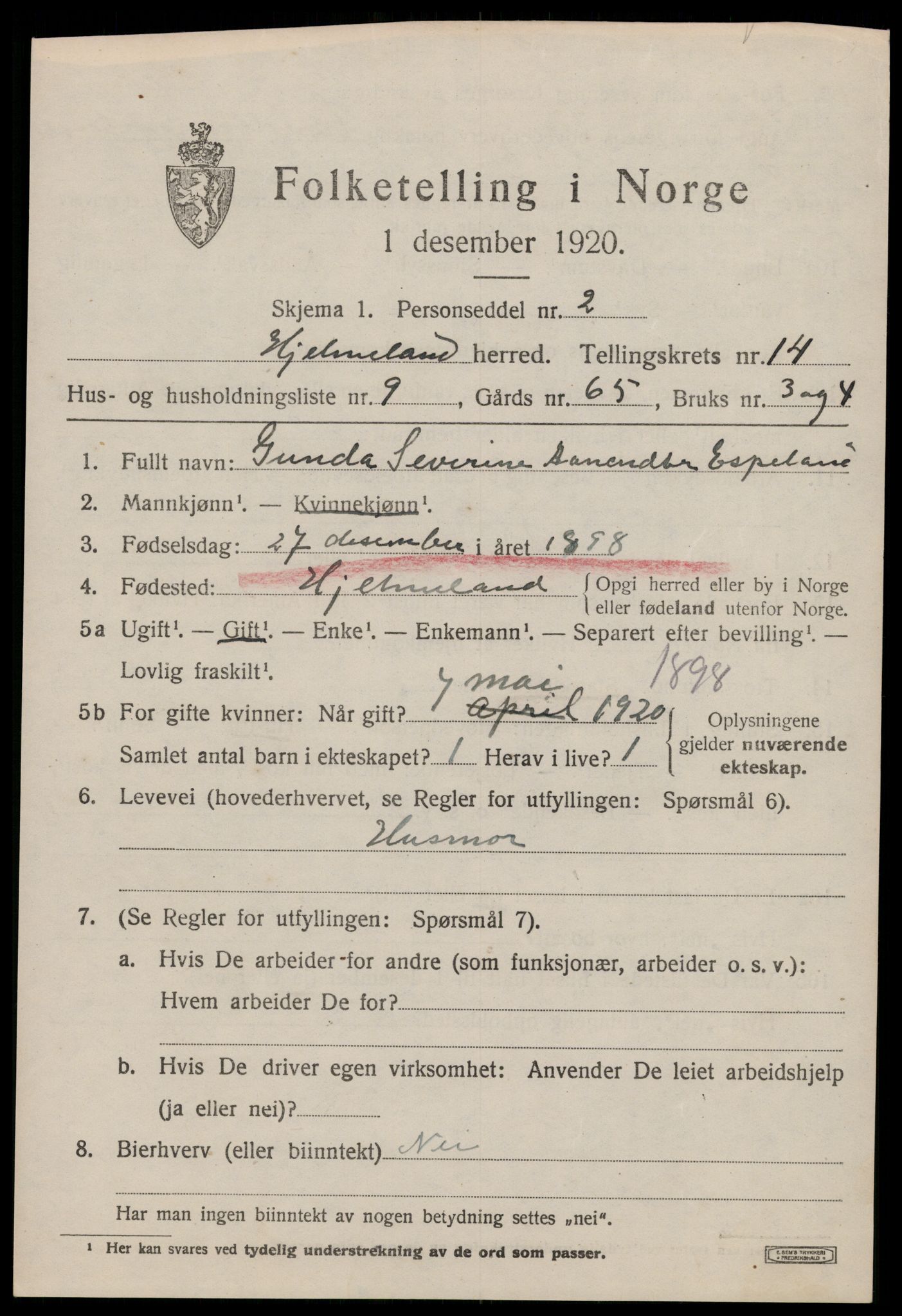 SAST, 1920 census for Hjelmeland, 1920, p. 4529