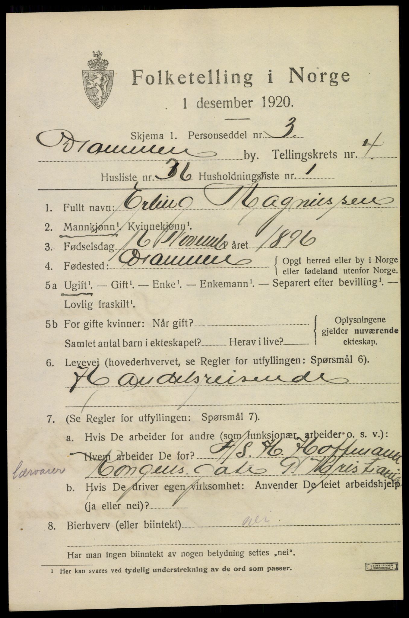 SAKO, 1920 census for Drammen, 1920, p. 33345