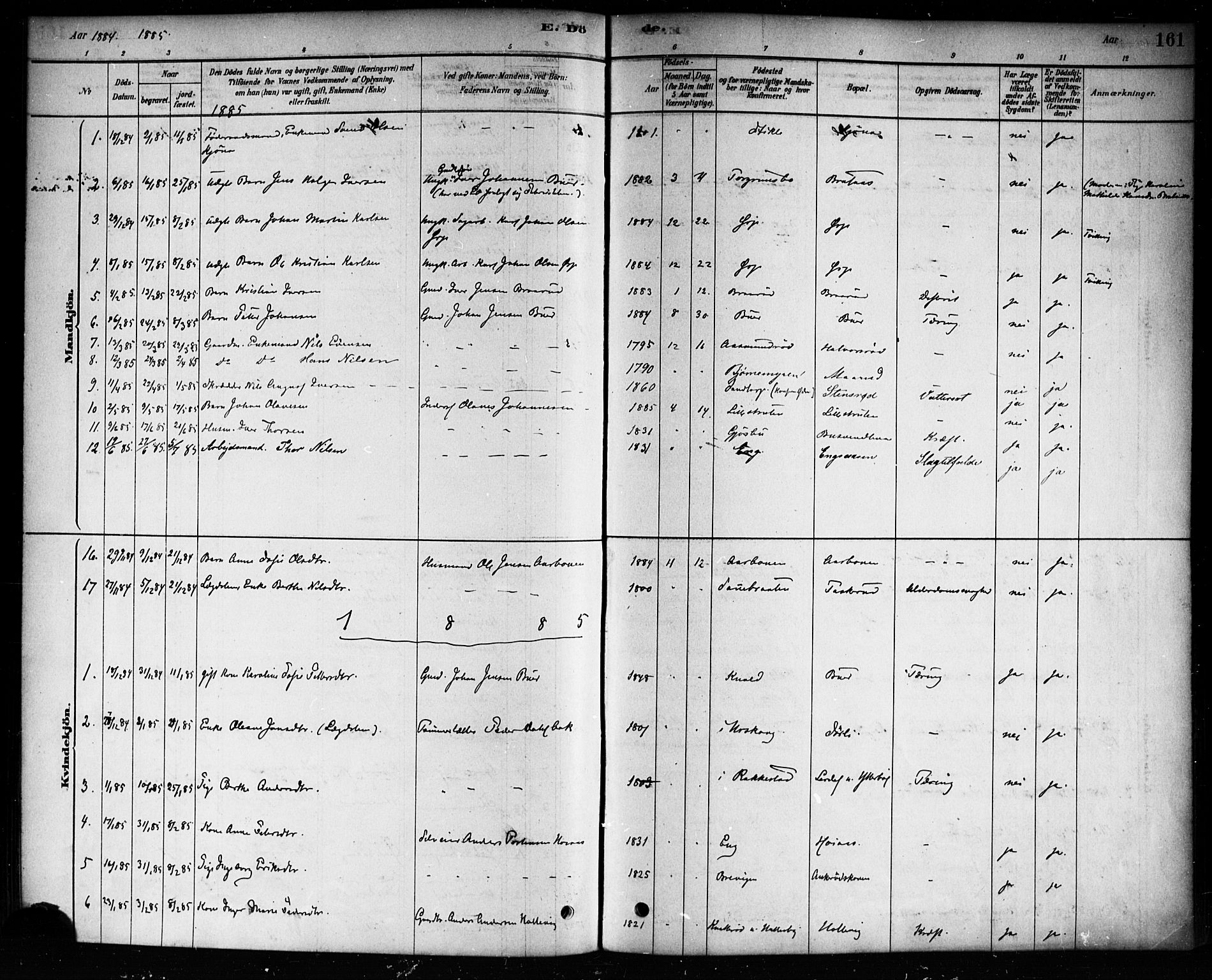 Aremark prestekontor Kirkebøker, SAO/A-10899/F/Fb/L0004: Parish register (official) no. II 4, 1878-1895, p. 161