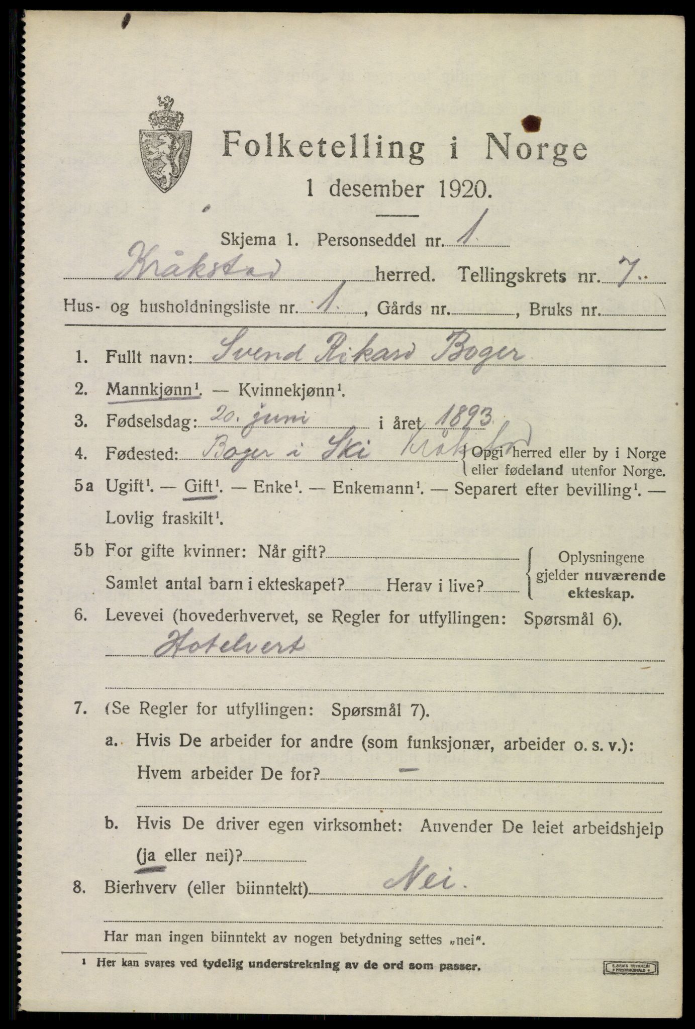 SAO, 1920 census for Kråkstad, 1920, p. 6887