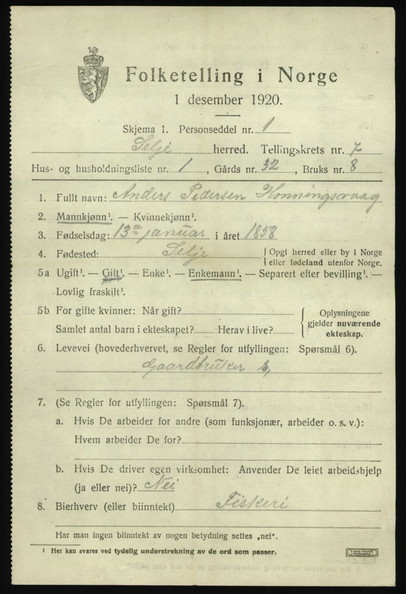 SAB, 1920 census for Selje, 1920, p. 3593