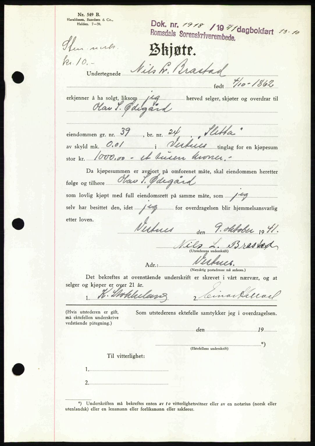 Romsdal sorenskriveri, AV/SAT-A-4149/1/2/2C: Mortgage book no. A11, 1941-1942, Diary no: : 1918/1941