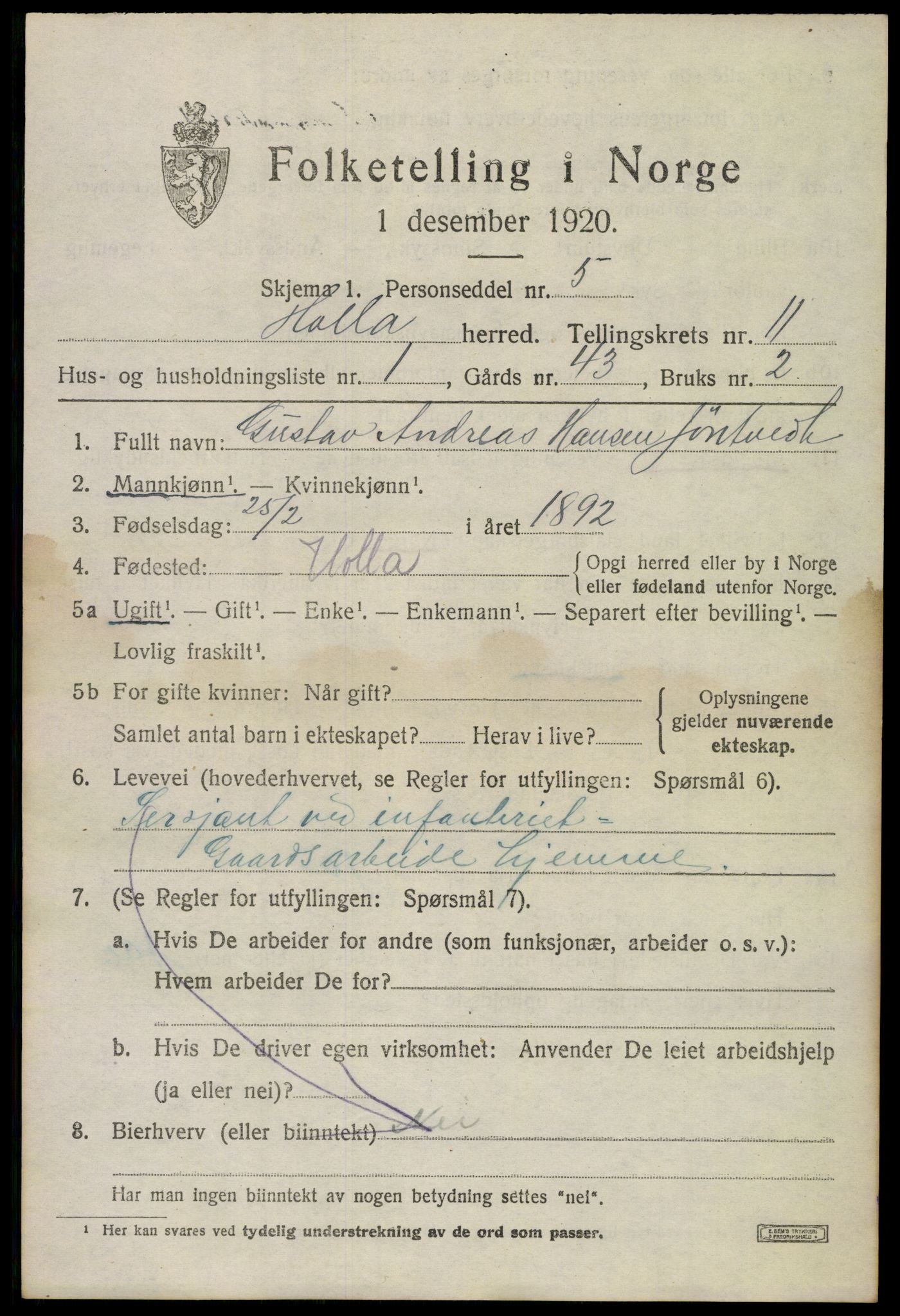 SAKO, 1920 census for Holla, 1920, p. 7125