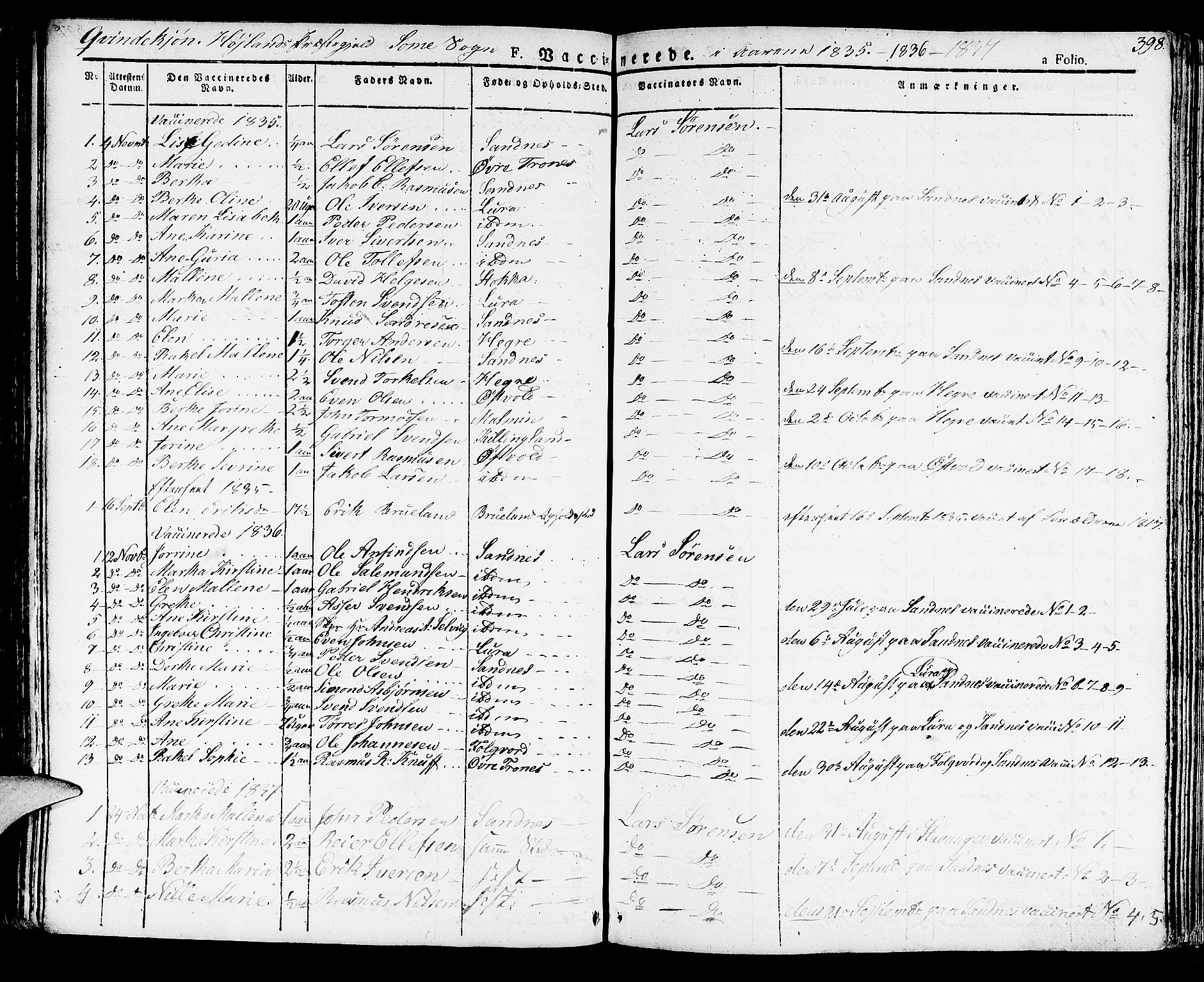 Høyland sokneprestkontor, SAST/A-101799/001/30BA/L0007: Parish register (official) no. A 7 /2, 1825-1841, p. 398