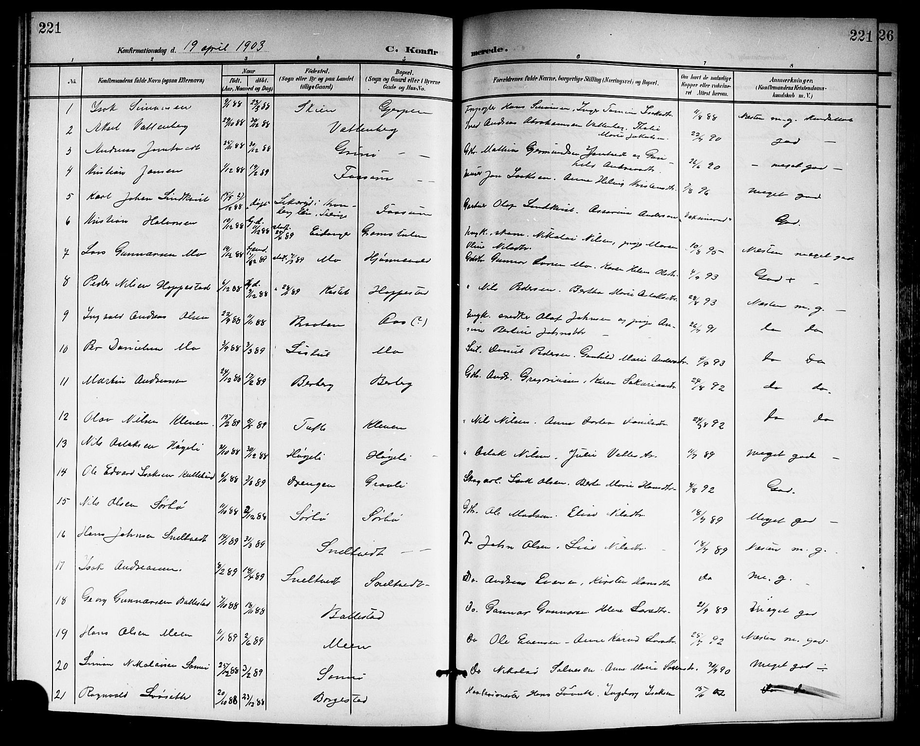 Gjerpen kirkebøker, SAKO/A-265/G/Ga/L0003: Parish register (copy) no. I 3, 1901-1919, p. 221