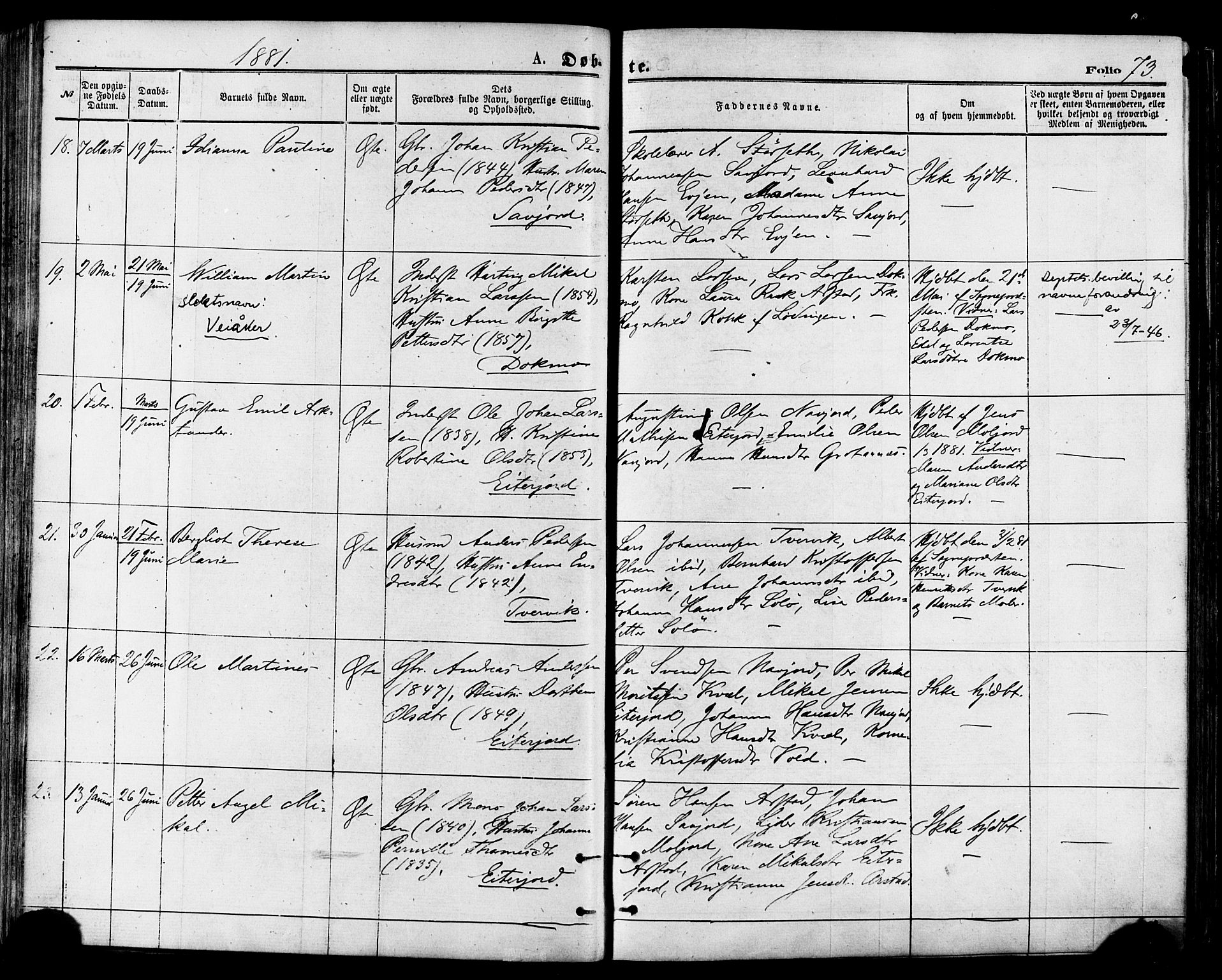 Ministerialprotokoller, klokkerbøker og fødselsregistre - Nordland, SAT/A-1459/846/L0645: Parish register (official) no. 846A03, 1872-1886, p. 73