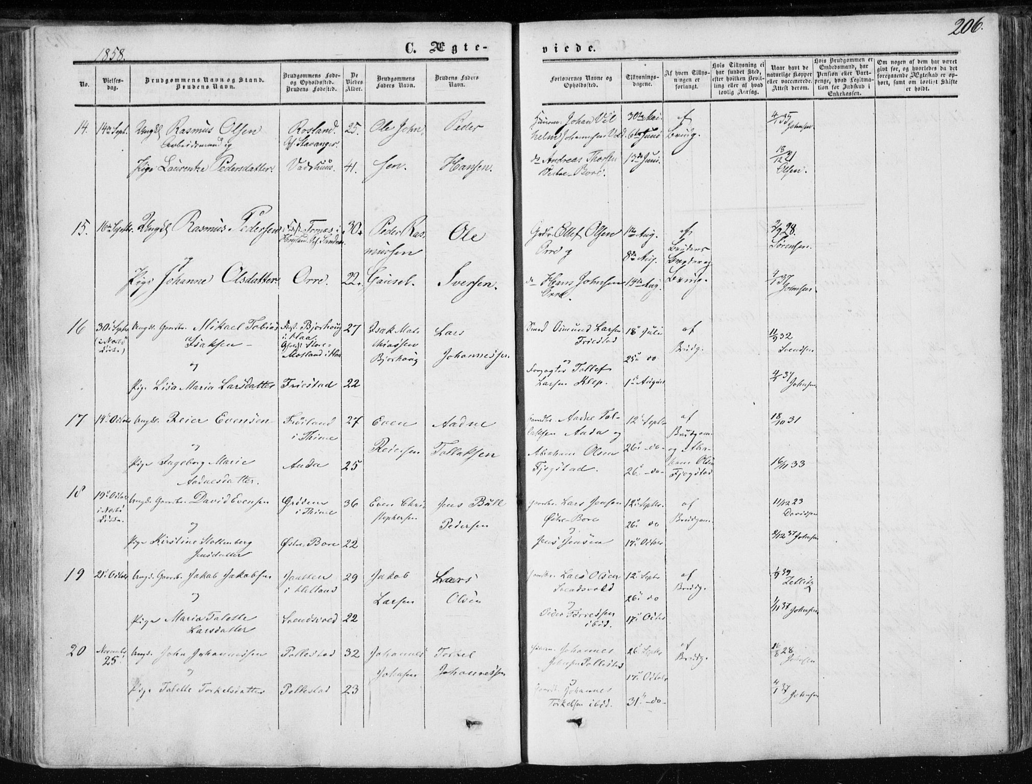 Klepp sokneprestkontor, SAST/A-101803/001/3/30BA/L0005: Parish register (official) no. A 5, 1853-1870, p. 206