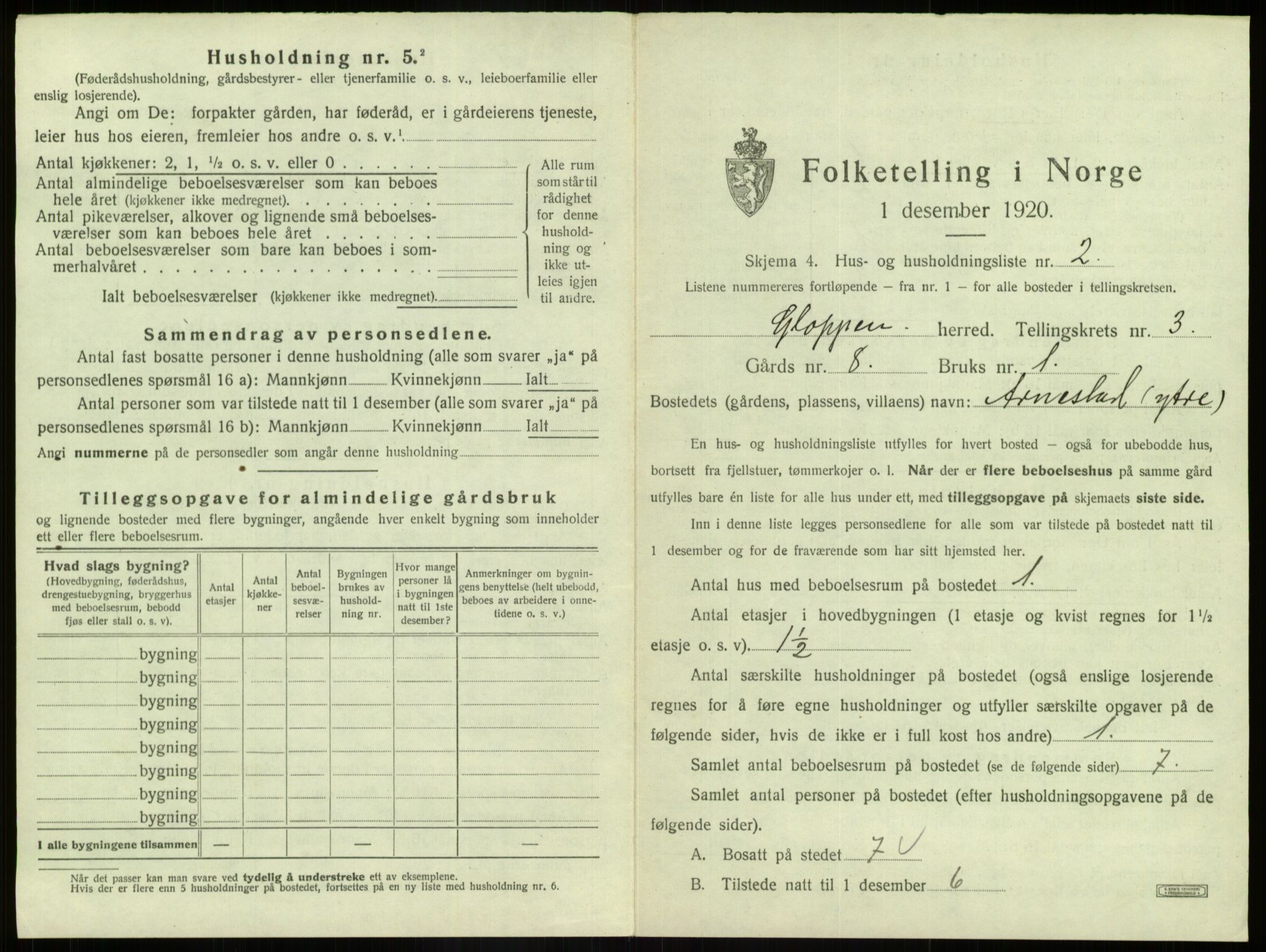 SAB, 1920 census for Gloppen, 1920, p. 157