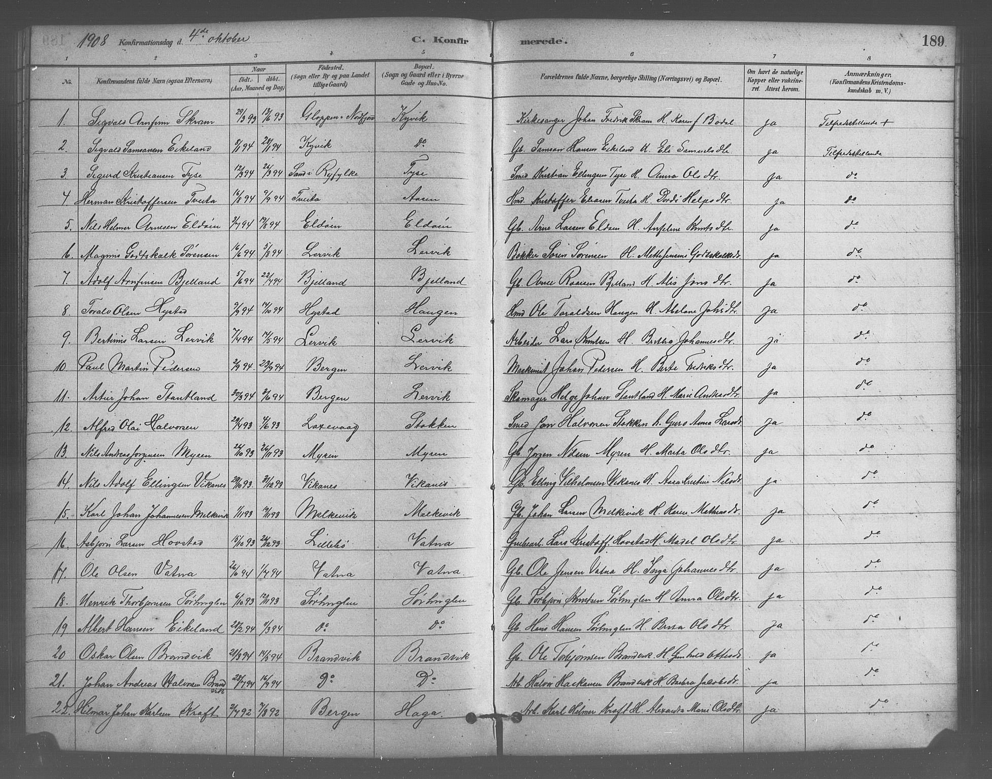 Stord sokneprestembete, SAB/A-78201/H/Hab: Parish register (copy) no. A 2, 1879-1909, p. 189