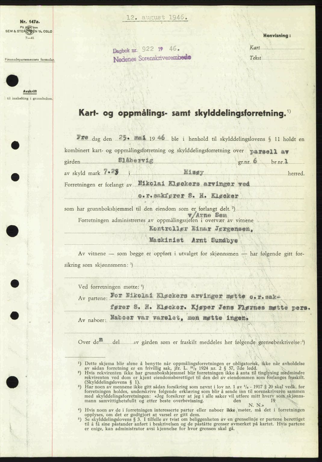 Nedenes sorenskriveri, SAK/1221-0006/G/Gb/Gba/L0055: Mortgage book no. A7, 1946-1946, Diary no: : 922/1946