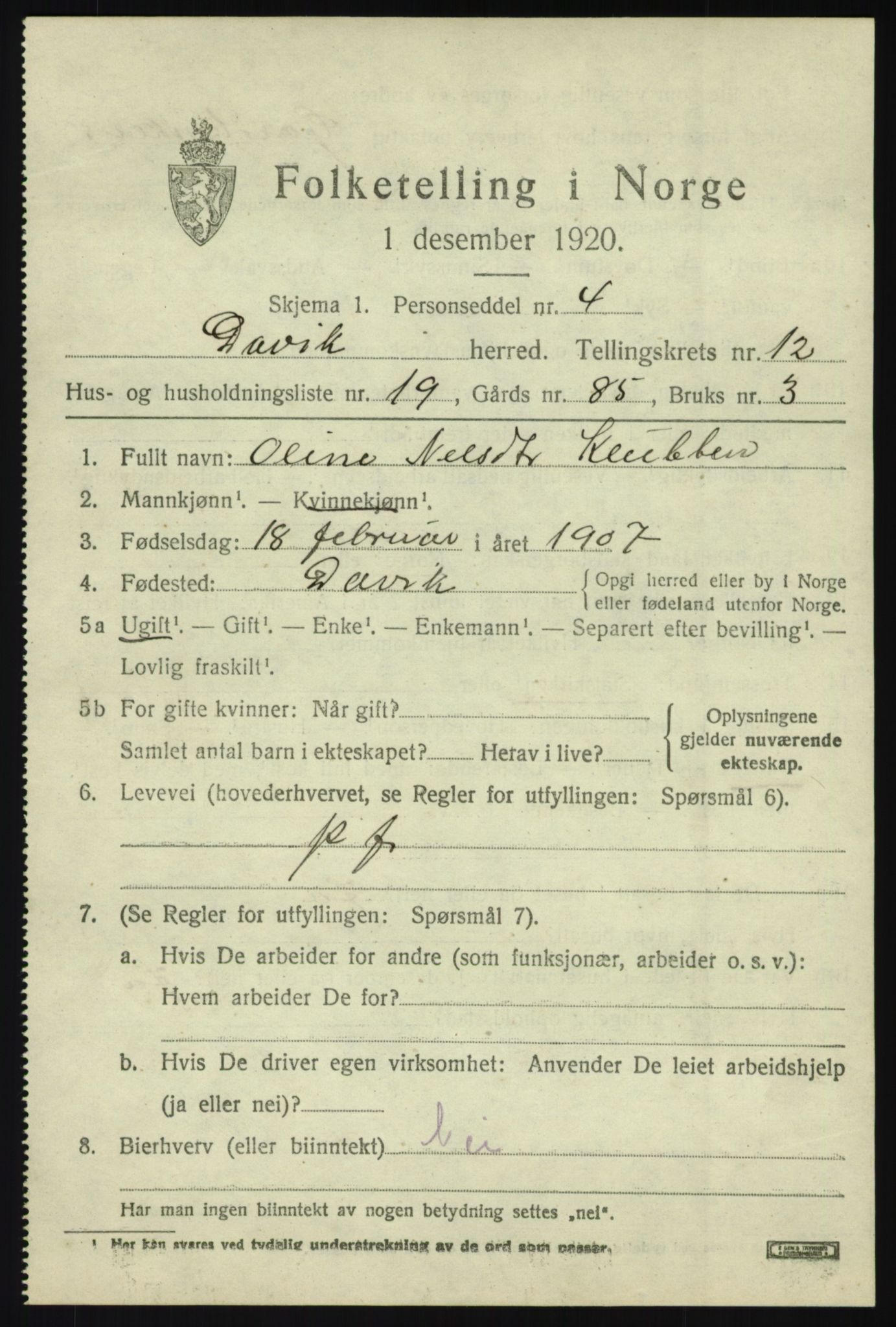 SAB, 1920 census for Davik, 1920, p. 6039