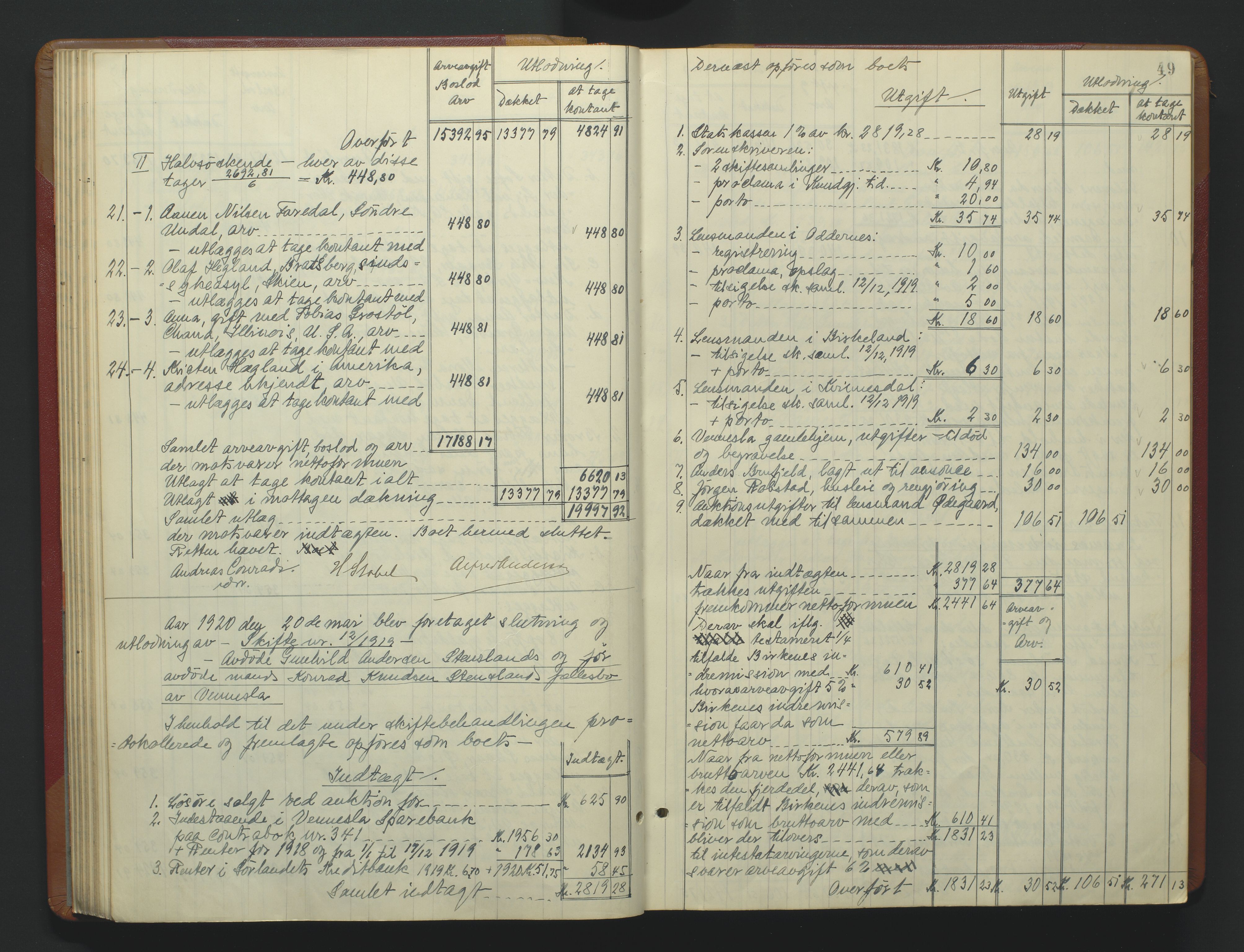 Torridal sorenskriveri, AV/SAK-1221-0012/H/Hc/L0037: Skifteutlodningsprotokoll med navneregister nr. 6, 1918-1927, p. 49