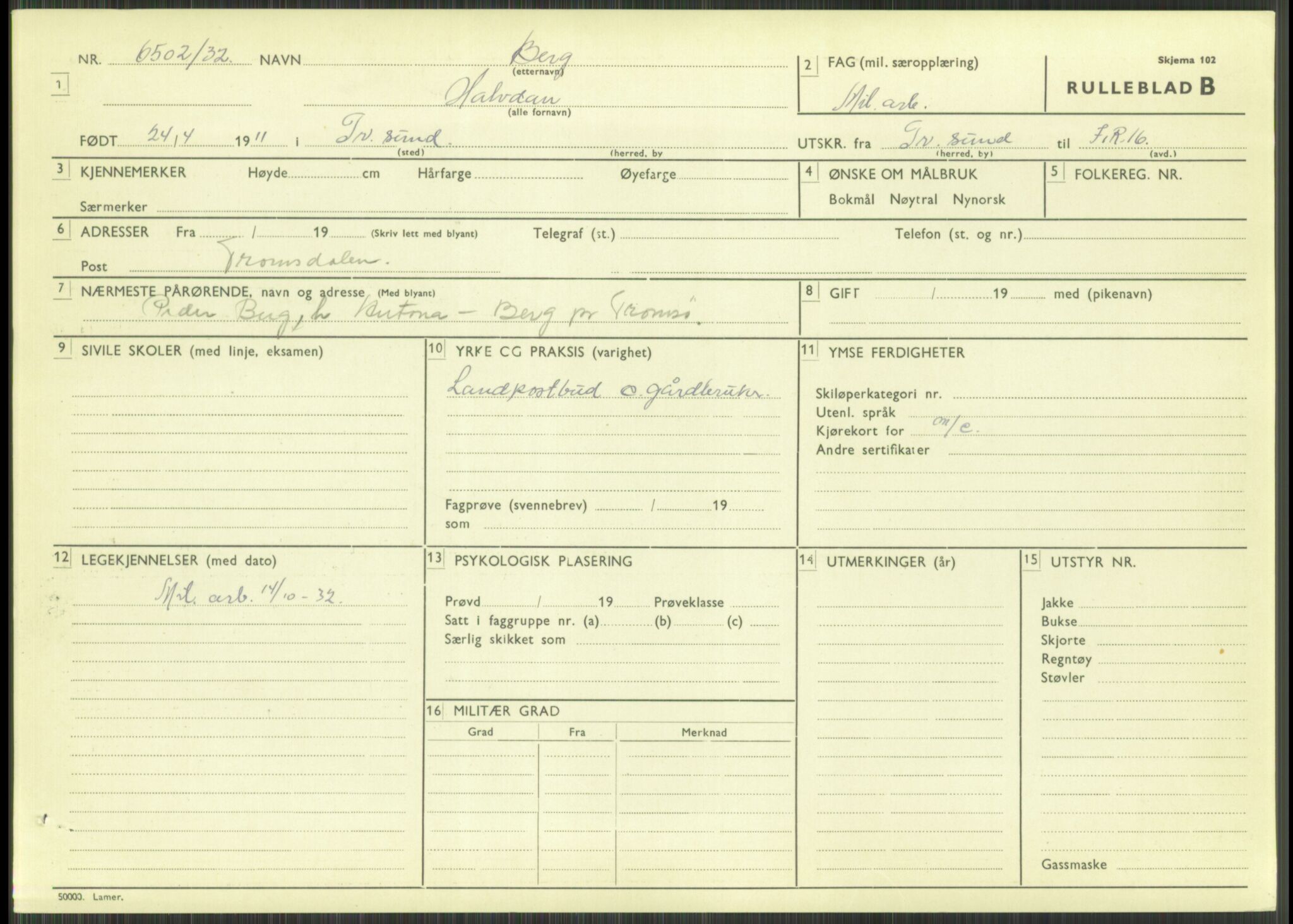 Forsvaret, Troms infanteriregiment nr. 16, AV/RA-RAFA-3146/P/Pa/L0016: Rulleblad for regimentets menige mannskaper, årsklasse 1932, 1932, p. 99
