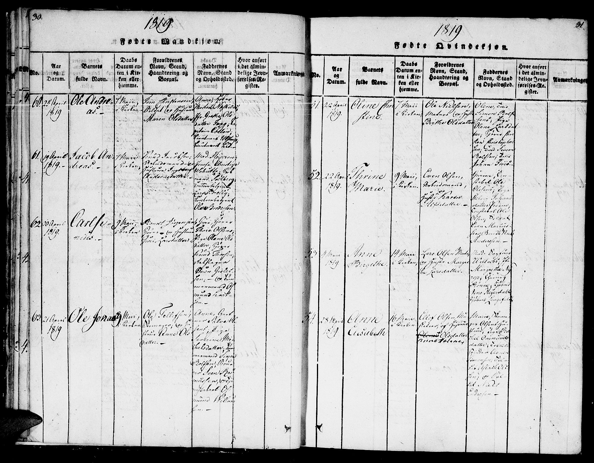 Kristiansand domprosti, SAK/1112-0006/F/Fb/L0001: Parish register (copy) no. B 1, 1818-1821, p. 30-31