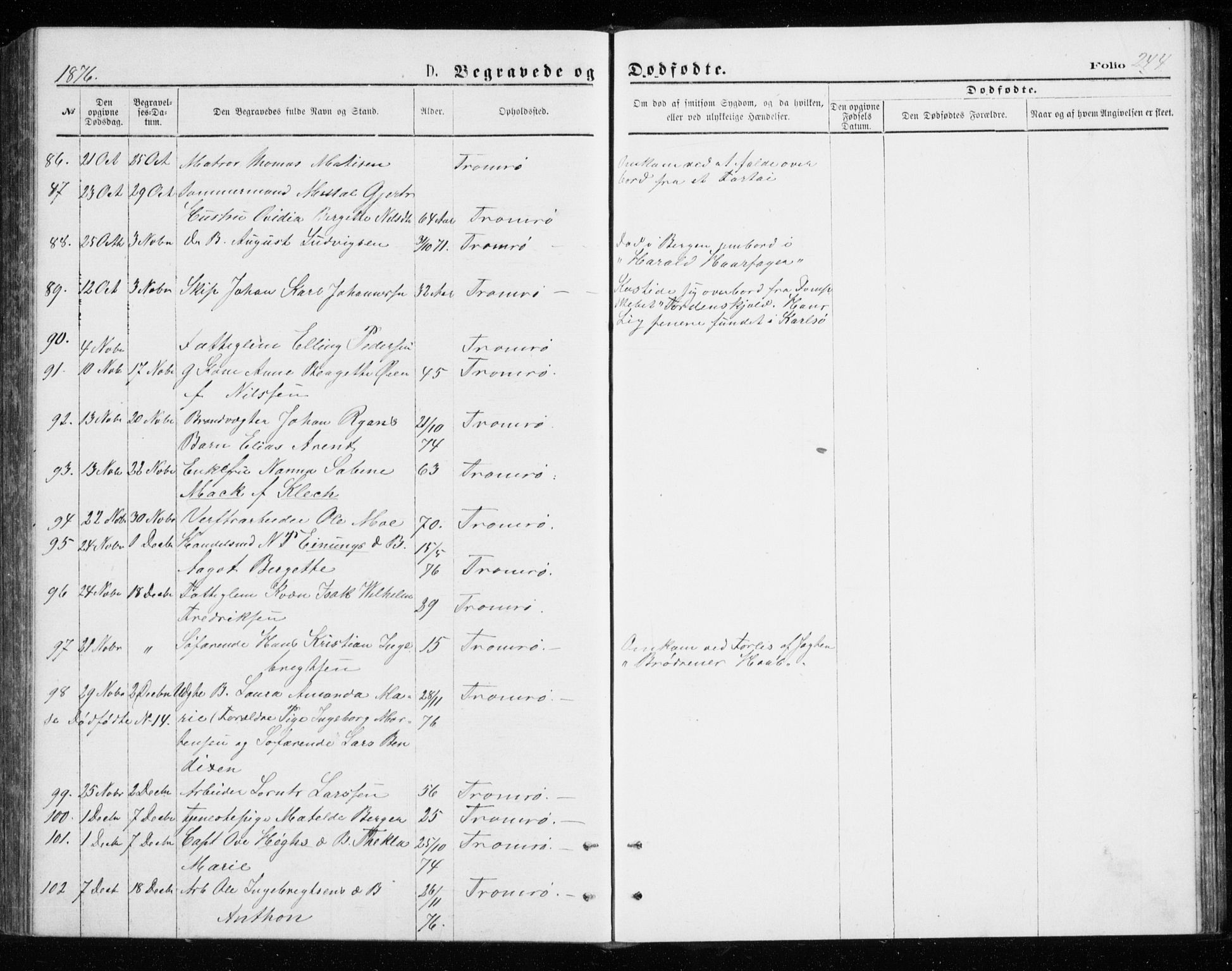 Tromsø sokneprestkontor/stiftsprosti/domprosti, AV/SATØ-S-1343/G/Gb/L0008klokker: Parish register (copy) no. 8, 1875-1879, p. 244