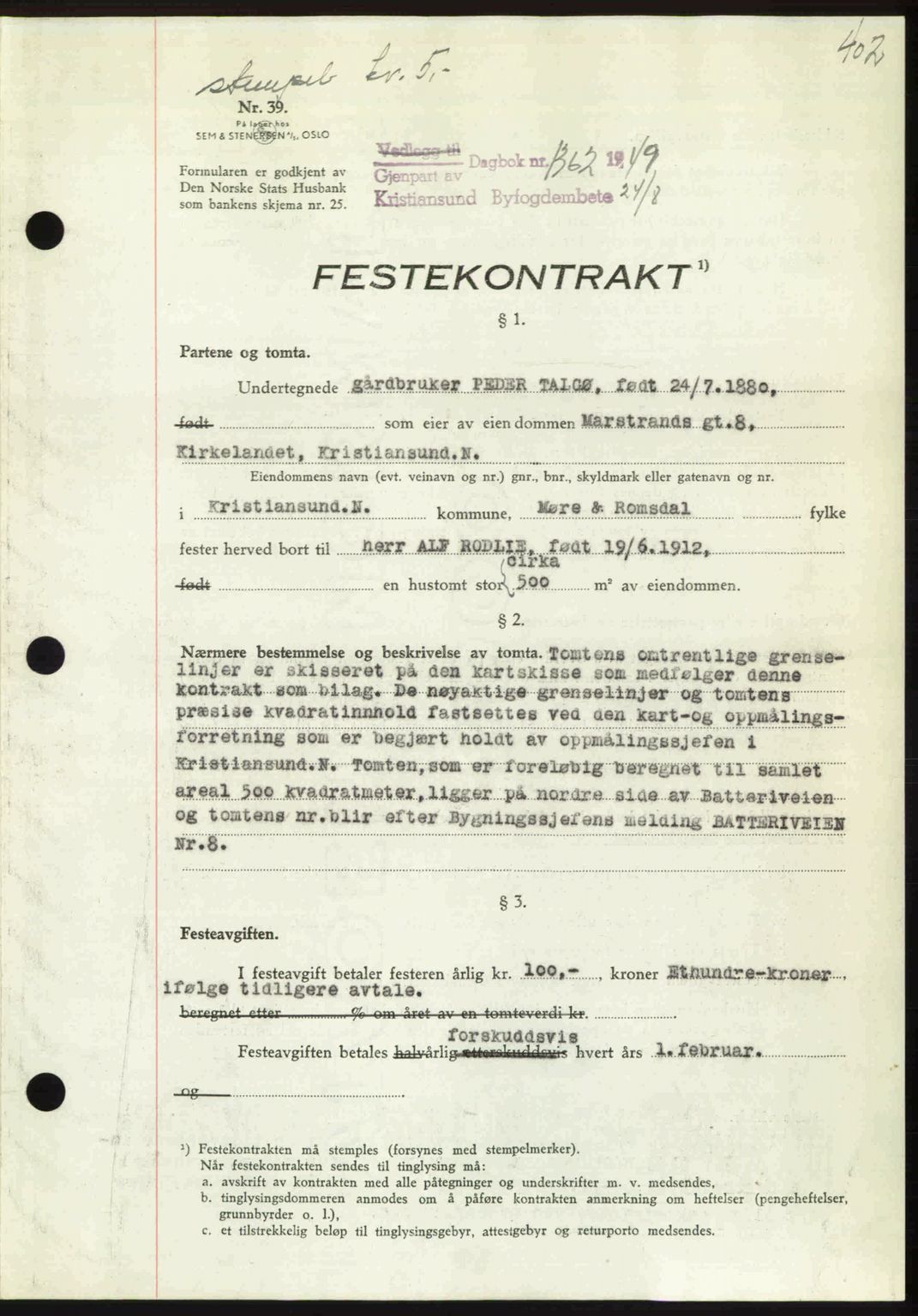 Kristiansund byfogd, AV/SAT-A-4587/A/27: Mortgage book no. 45, 1948-1949, Diary no: : 1362/1949