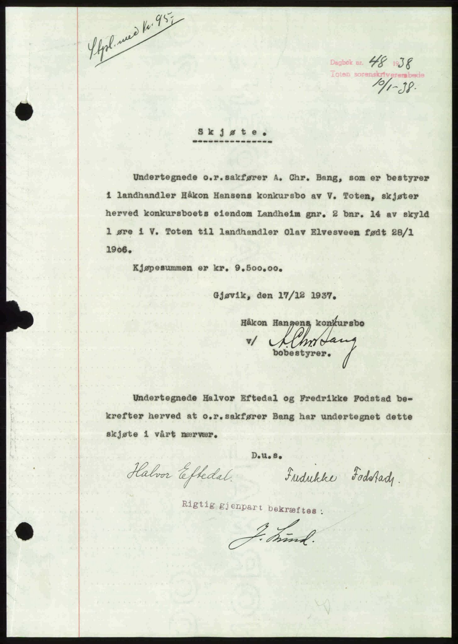 Toten tingrett, SAH/TING-006/H/Hb/Hbc/L0003: Mortgage book no. Hbc-03, 1937-1938, Diary no: : 48/1938