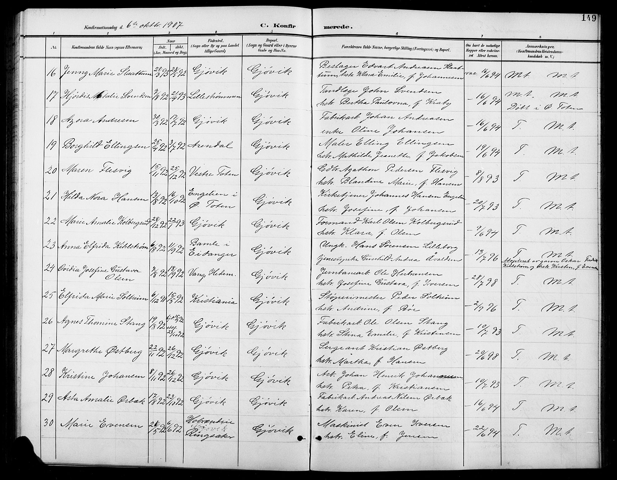 Vardal prestekontor, SAH/PREST-100/H/Ha/Hab/L0012: Parish register (copy) no. 12, 1902-1911, p. 149