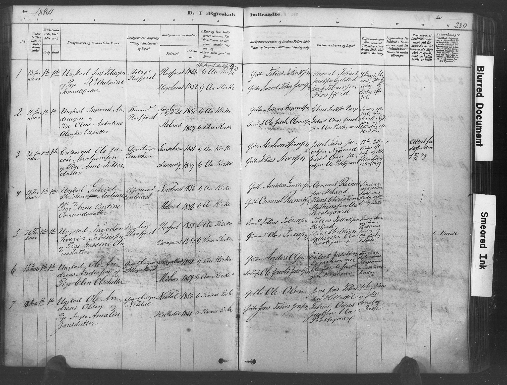 Lyngdal sokneprestkontor, AV/SAK-1111-0029/F/Fa/Fac/L0011: Parish register (official) no. A 11, 1878-1893, p. 280