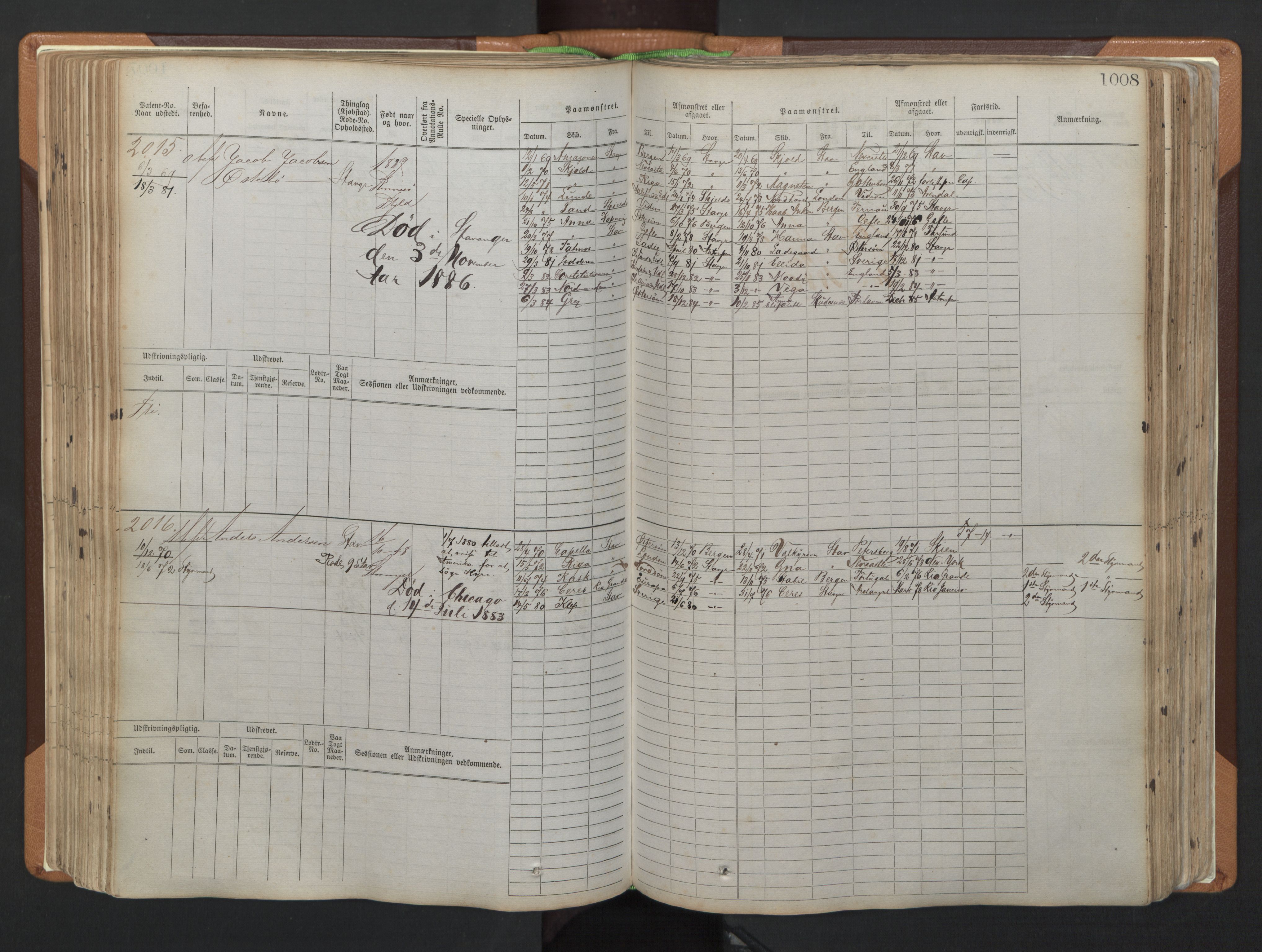 Stavanger sjømannskontor, AV/SAST-A-102006/F/Fb/Fbb/L0006: Sjøfartshovedrulle, patentnr. 1607-2402 (del 3), 1869-1880, p. 208