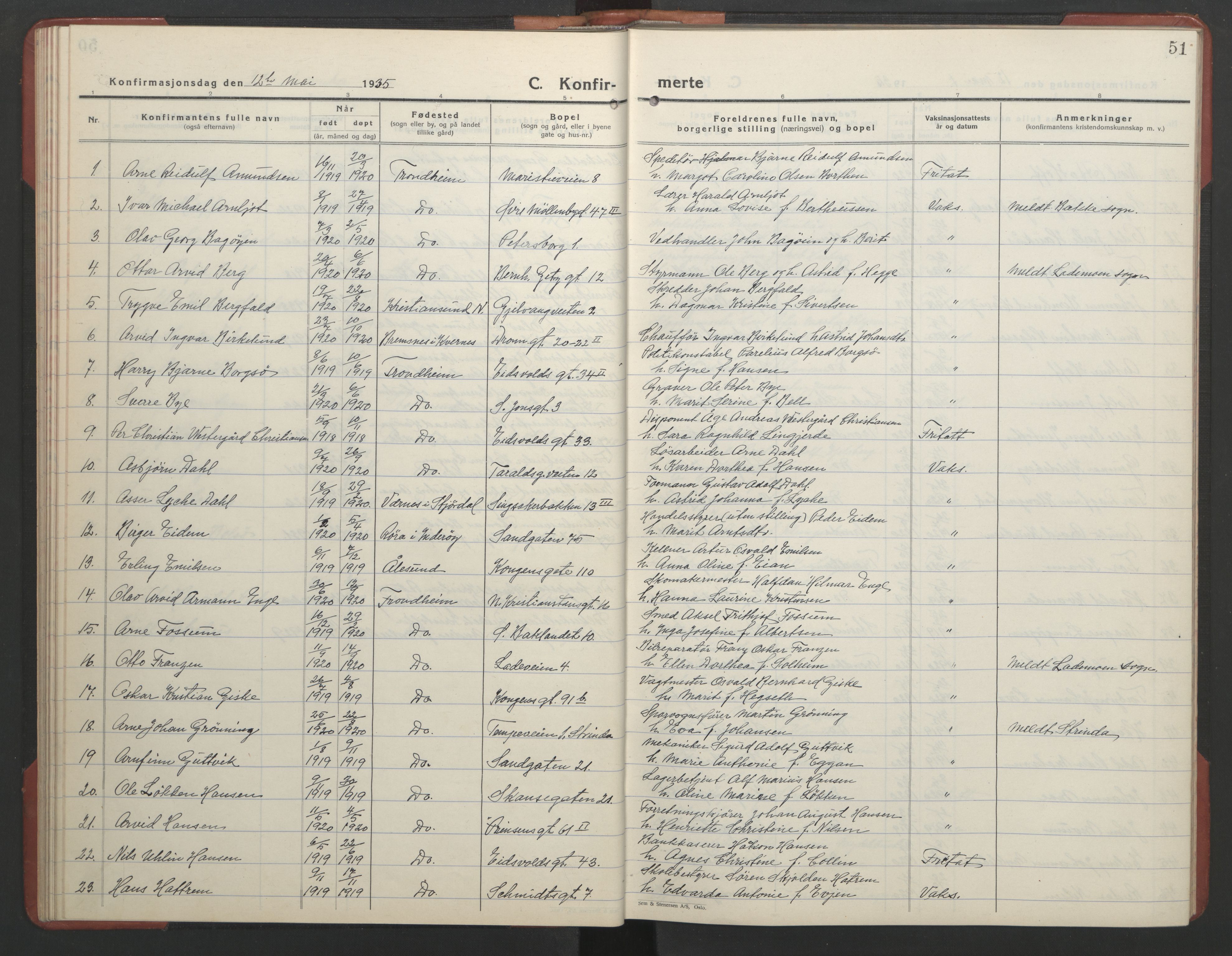 Ministerialprotokoller, klokkerbøker og fødselsregistre - Sør-Trøndelag, SAT/A-1456/602/L0151: Parish register (copy) no. 602C19, 1925-1951, p. 51