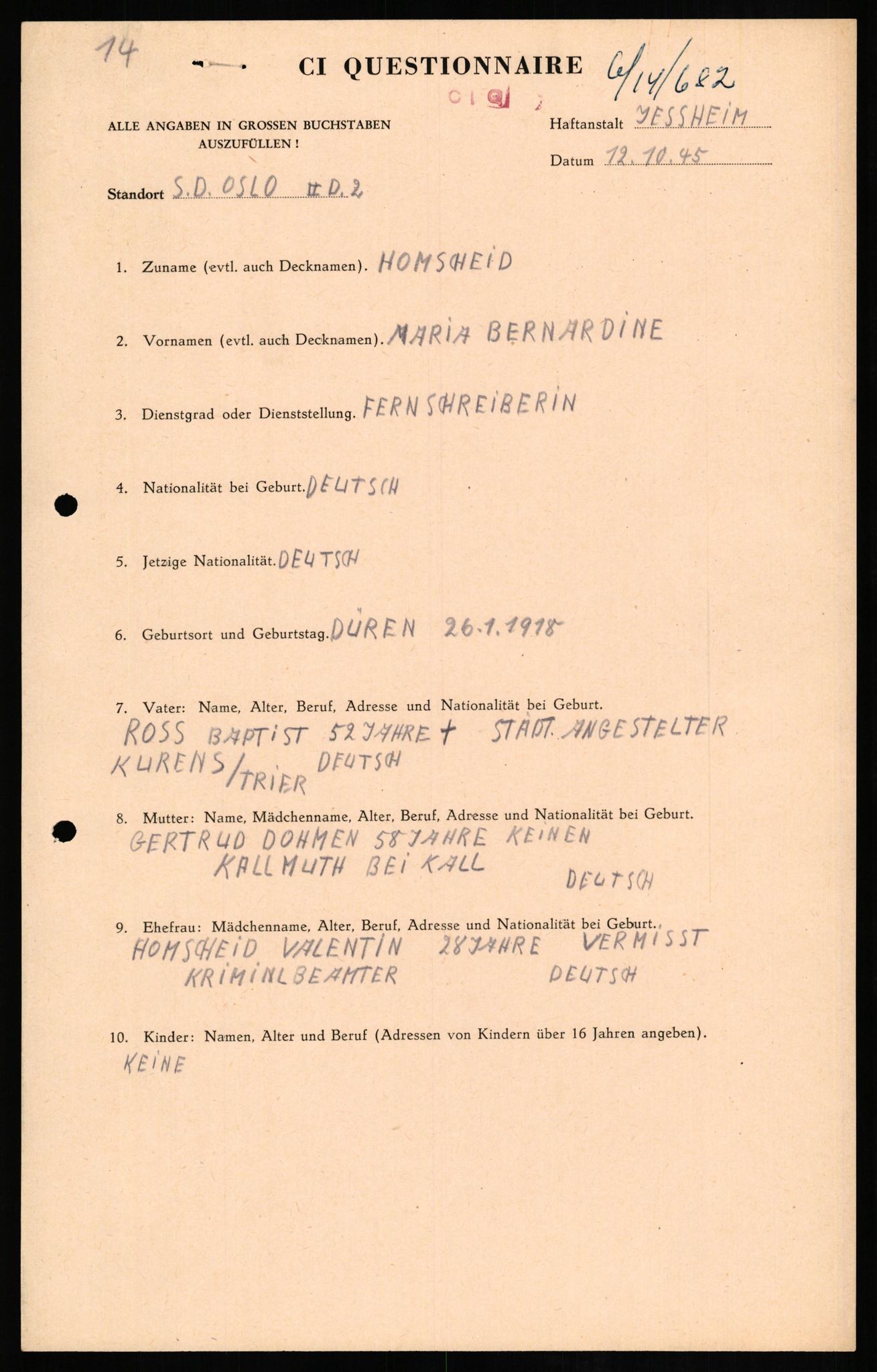 Forsvaret, Forsvarets overkommando II, AV/RA-RAFA-3915/D/Db/L0013: CI Questionaires. Tyske okkupasjonsstyrker i Norge. Tyskere., 1945-1946, p. 454