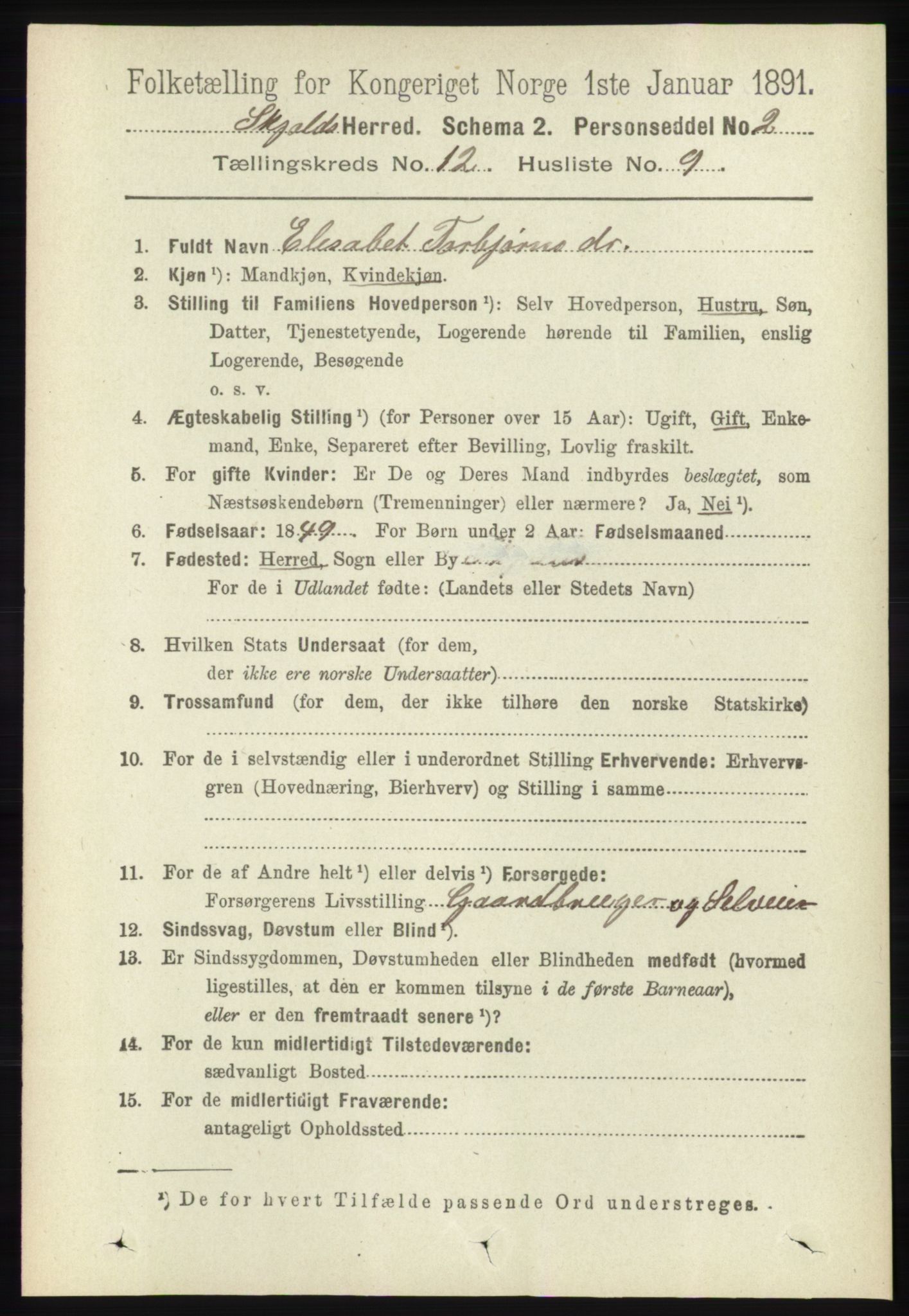 RA, 1891 census for 1154 Skjold, 1891, p. 2289