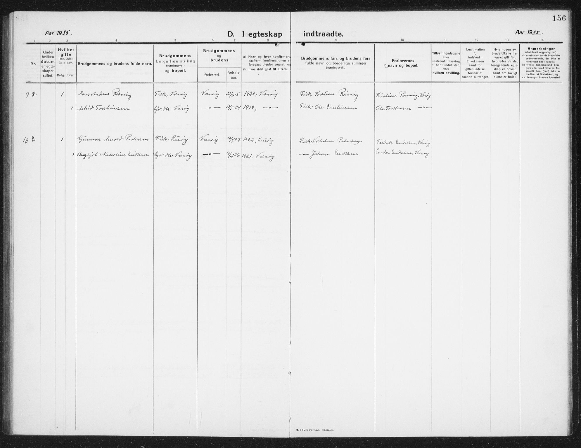 Ministerialprotokoller, klokkerbøker og fødselsregistre - Nordland, AV/SAT-A-1459/807/L0124: Parish register (copy) no. 807C02, 1910-1935, p. 156