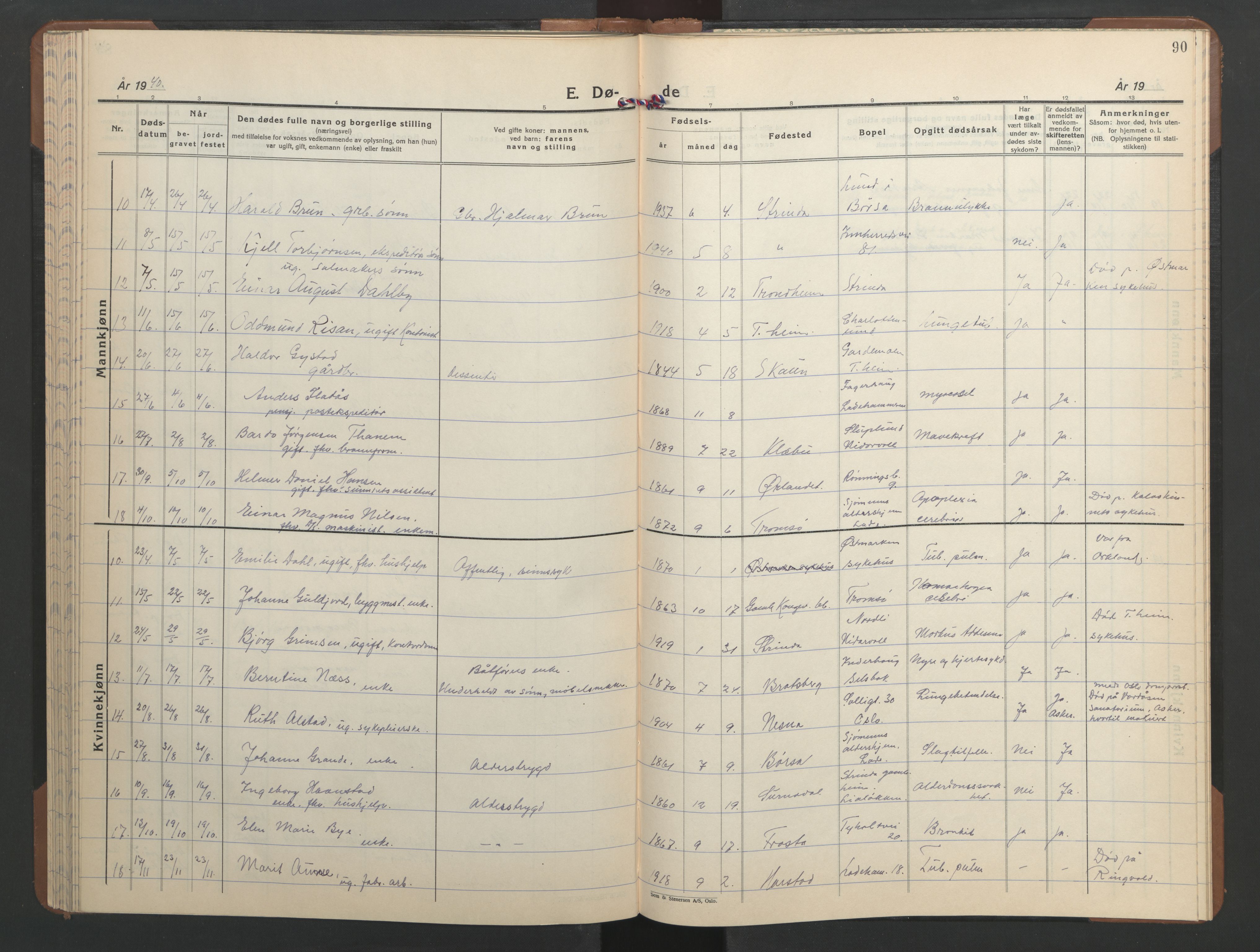 Ministerialprotokoller, klokkerbøker og fødselsregistre - Sør-Trøndelag, SAT/A-1456/606/L0315: Parish register (copy) no. 606C11, 1938-1947, p. 90