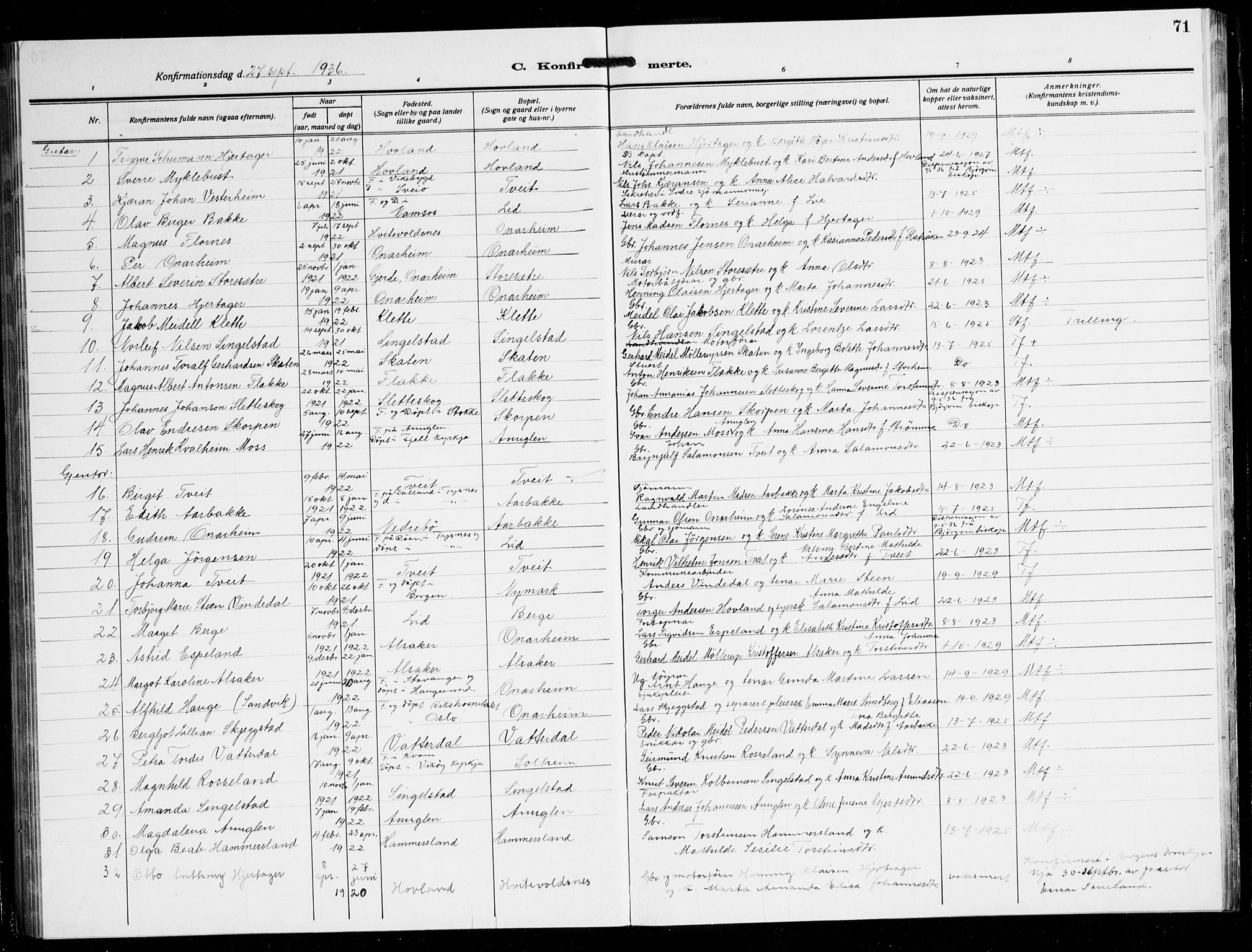 Tysnes sokneprestembete, AV/SAB-A-78601/H/Hab: Parish register (copy) no. C 4, 1925-1945, p. 71