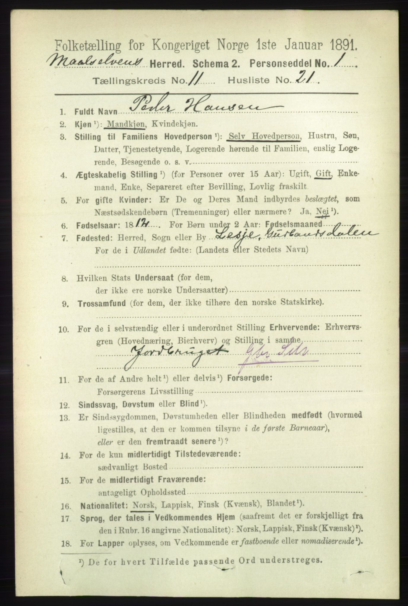 RA, 1891 census for 1924 Målselv, 1891, p. 3408