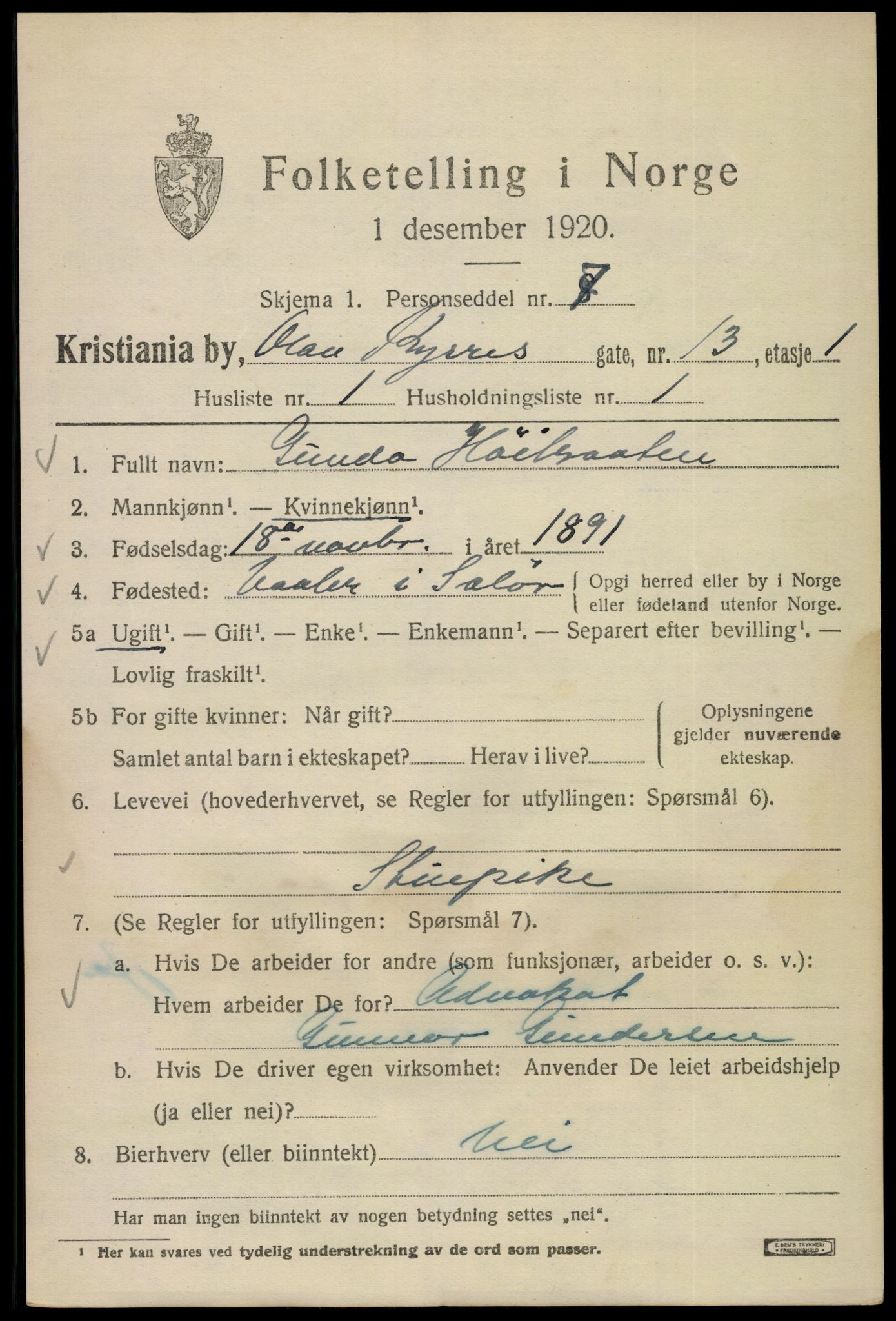 SAO, 1920 census for Kristiania, 1920, p. 432825