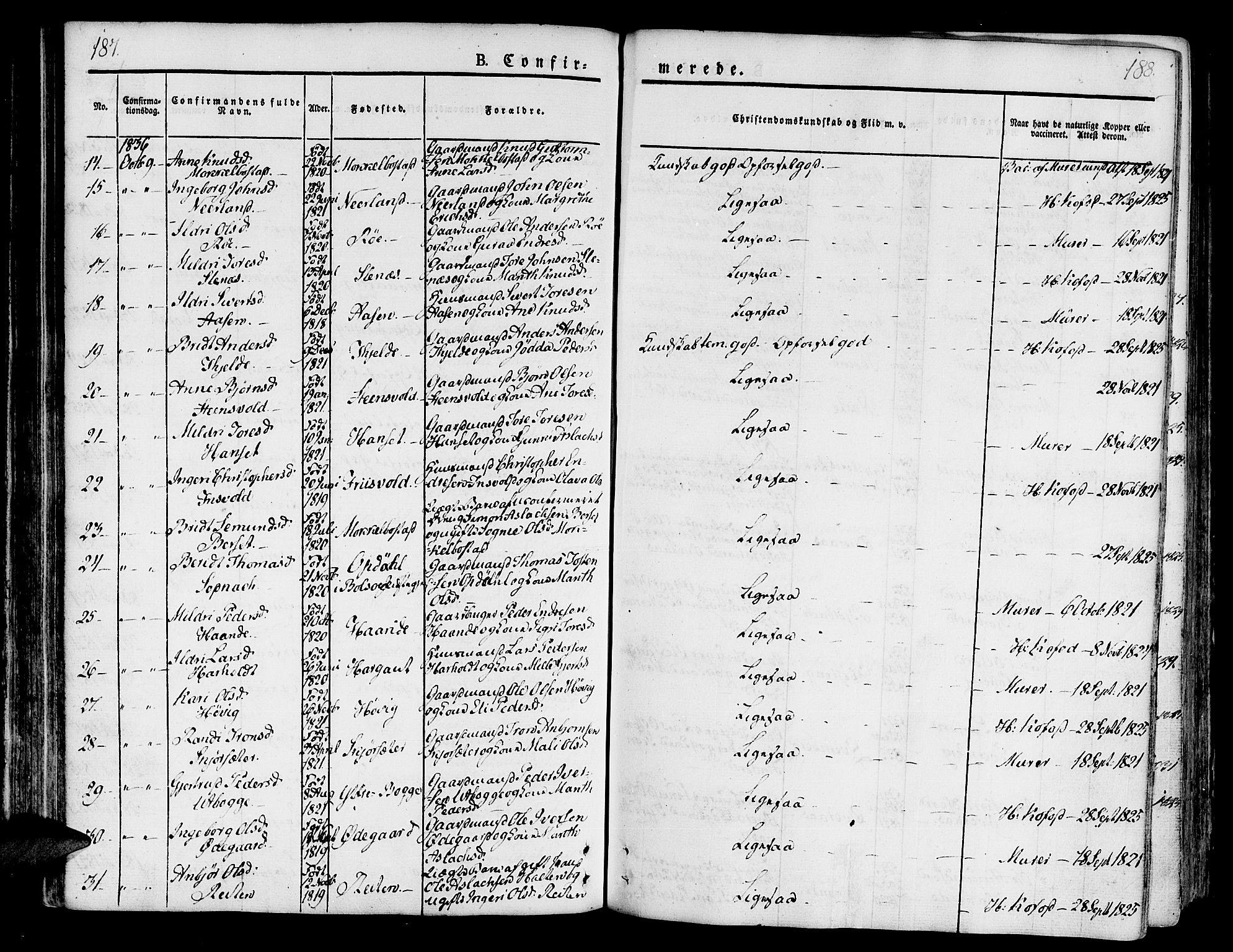 Ministerialprotokoller, klokkerbøker og fødselsregistre - Møre og Romsdal, SAT/A-1454/551/L0624: Parish register (official) no. 551A04, 1831-1845, p. 187-188