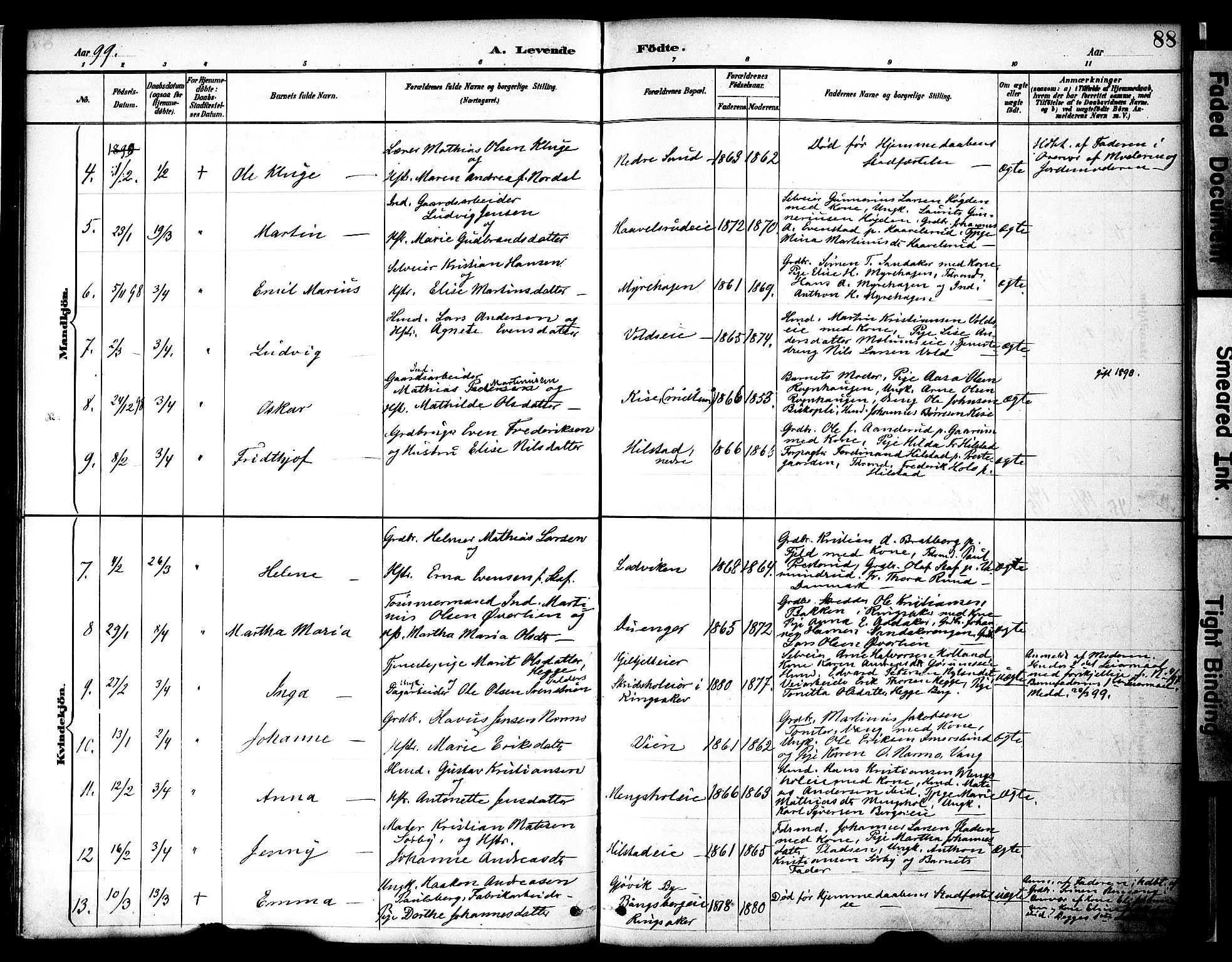 Nes prestekontor, Hedmark, AV/SAH-PREST-020/K/Ka/L0009: Parish register (official) no. 9, 1887-1905, p. 88