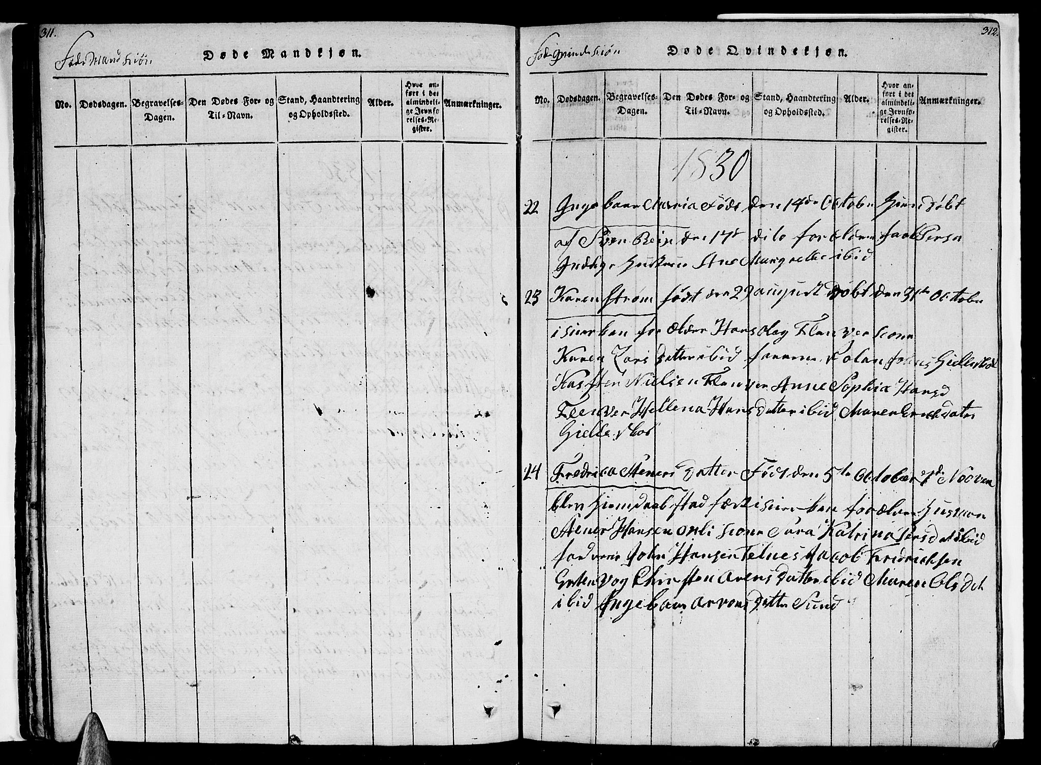 Ministerialprotokoller, klokkerbøker og fødselsregistre - Nordland, AV/SAT-A-1459/805/L0105: Parish register (copy) no. 805C01, 1820-1839, p. 311-312