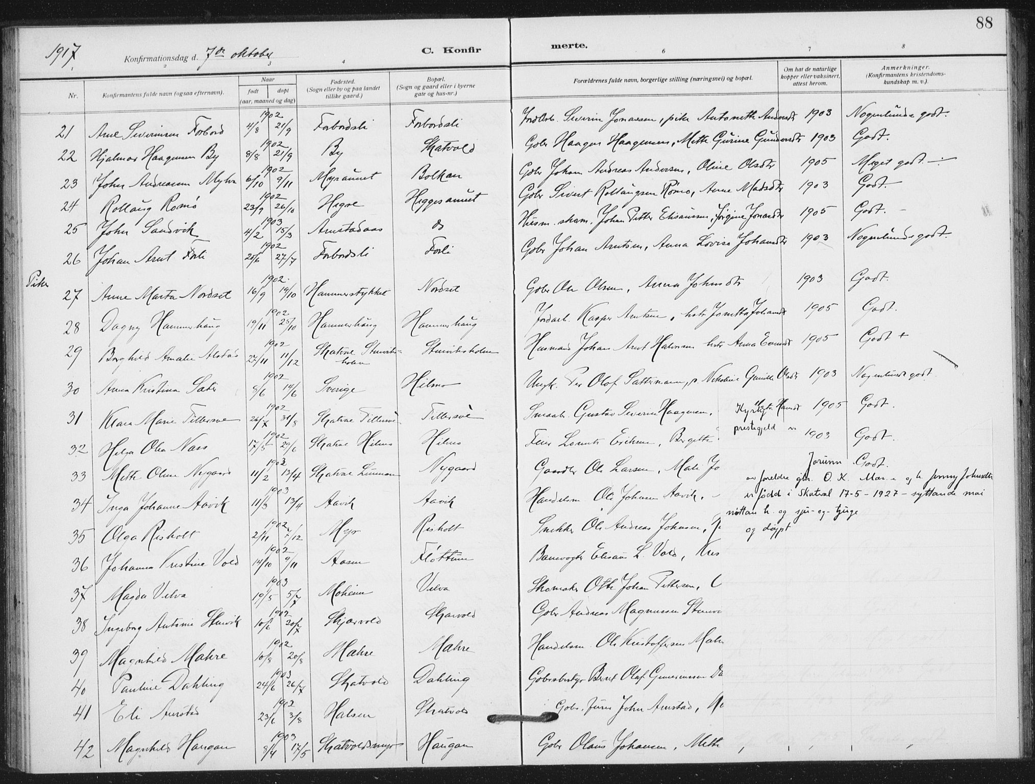 Ministerialprotokoller, klokkerbøker og fødselsregistre - Nord-Trøndelag, AV/SAT-A-1458/712/L0102: Parish register (official) no. 712A03, 1916-1929, p. 88